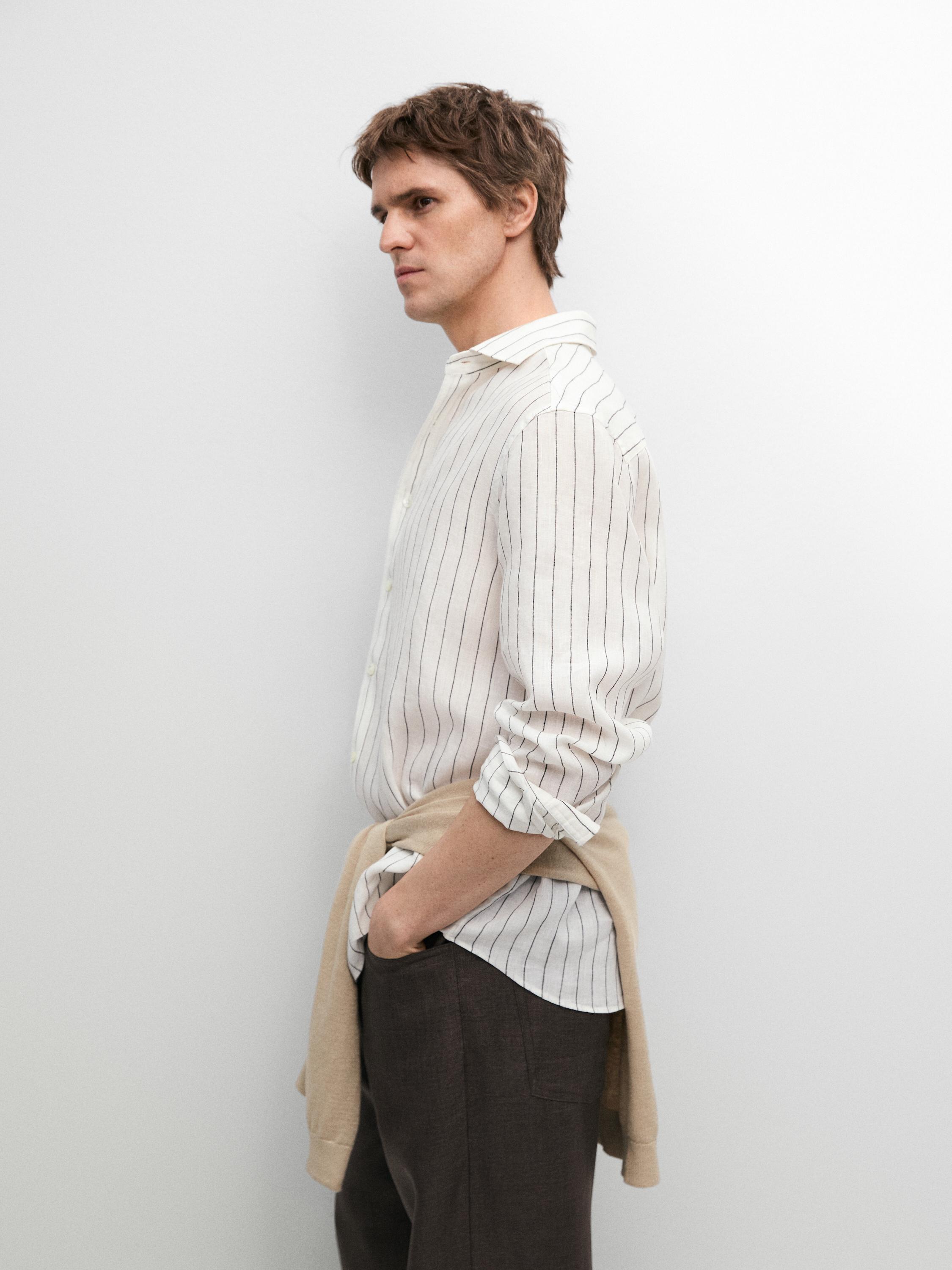 100% linen slim fit striped shirt — Off white
