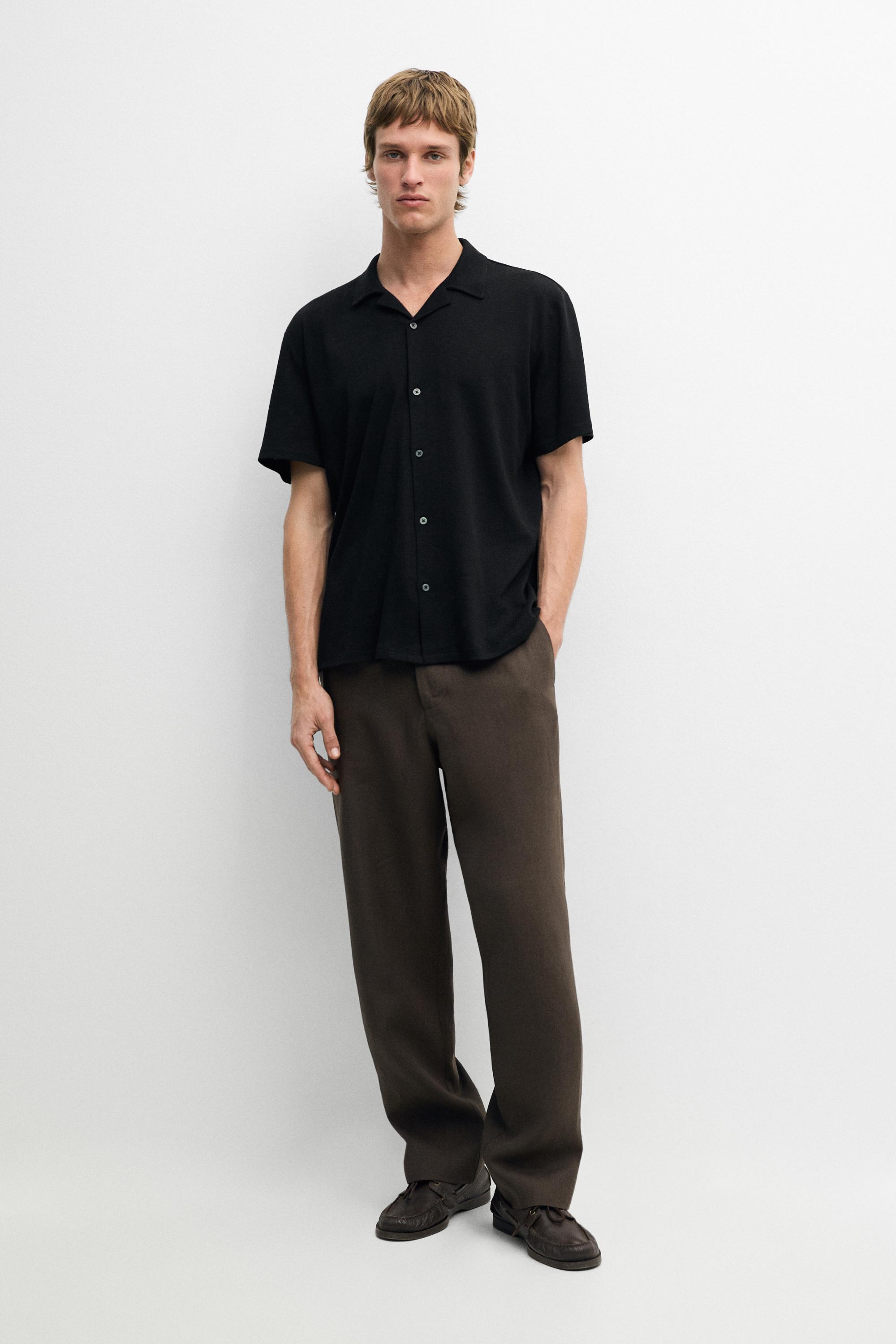 Regular fit short sleeve linen-cotton blend shirt — BLACK