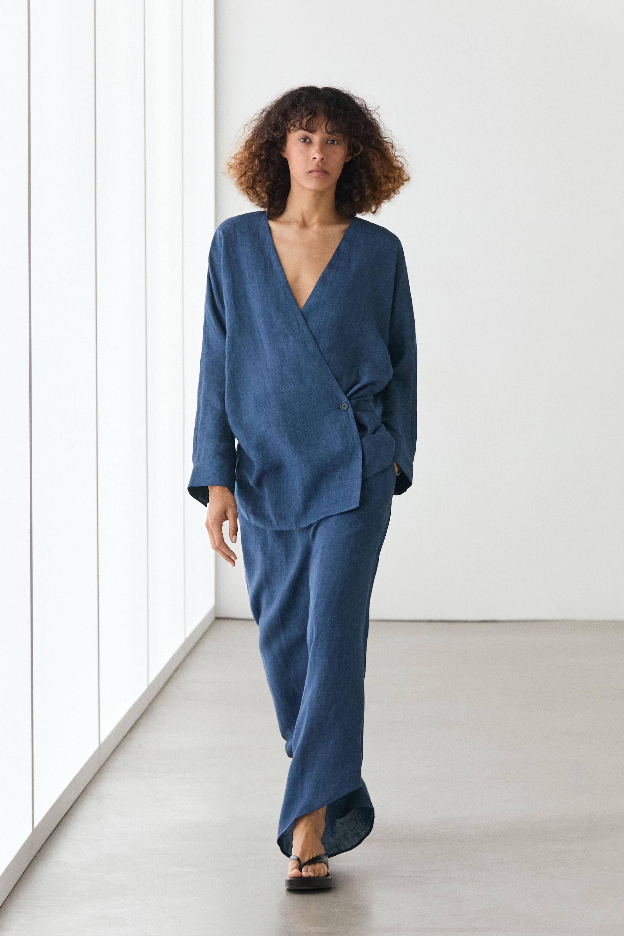 Linen total look denim-effect kimono — BLUE
