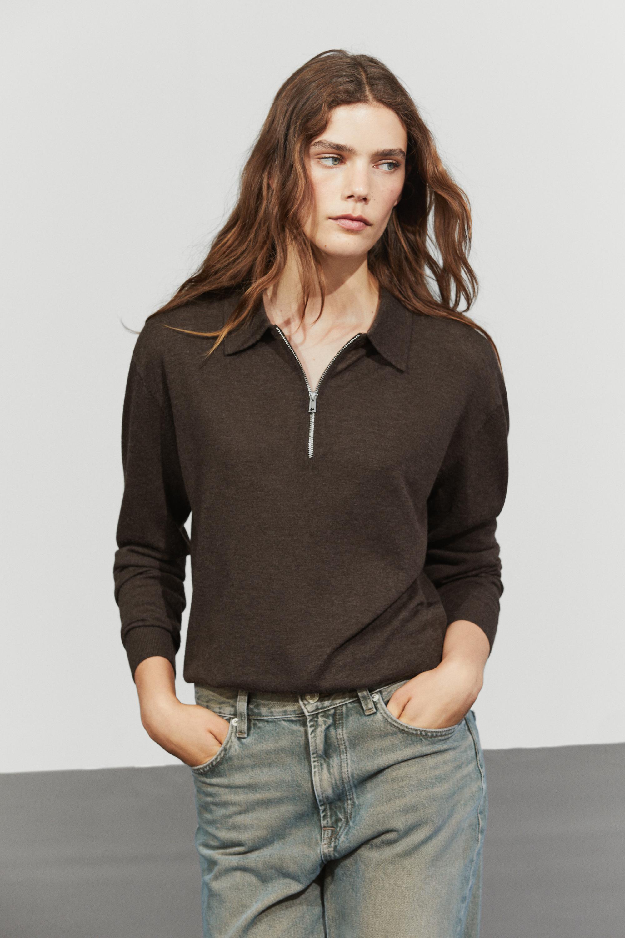 Wool blend quarter-zip knit sweater — CHOCOLATE BROWN