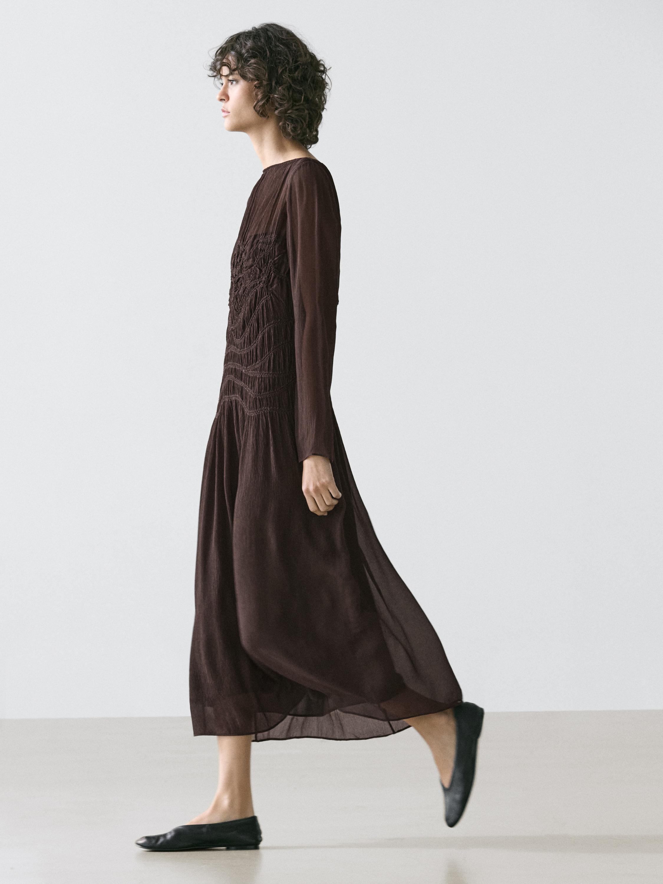 Flowing midi dress with gathered detail — BROWN