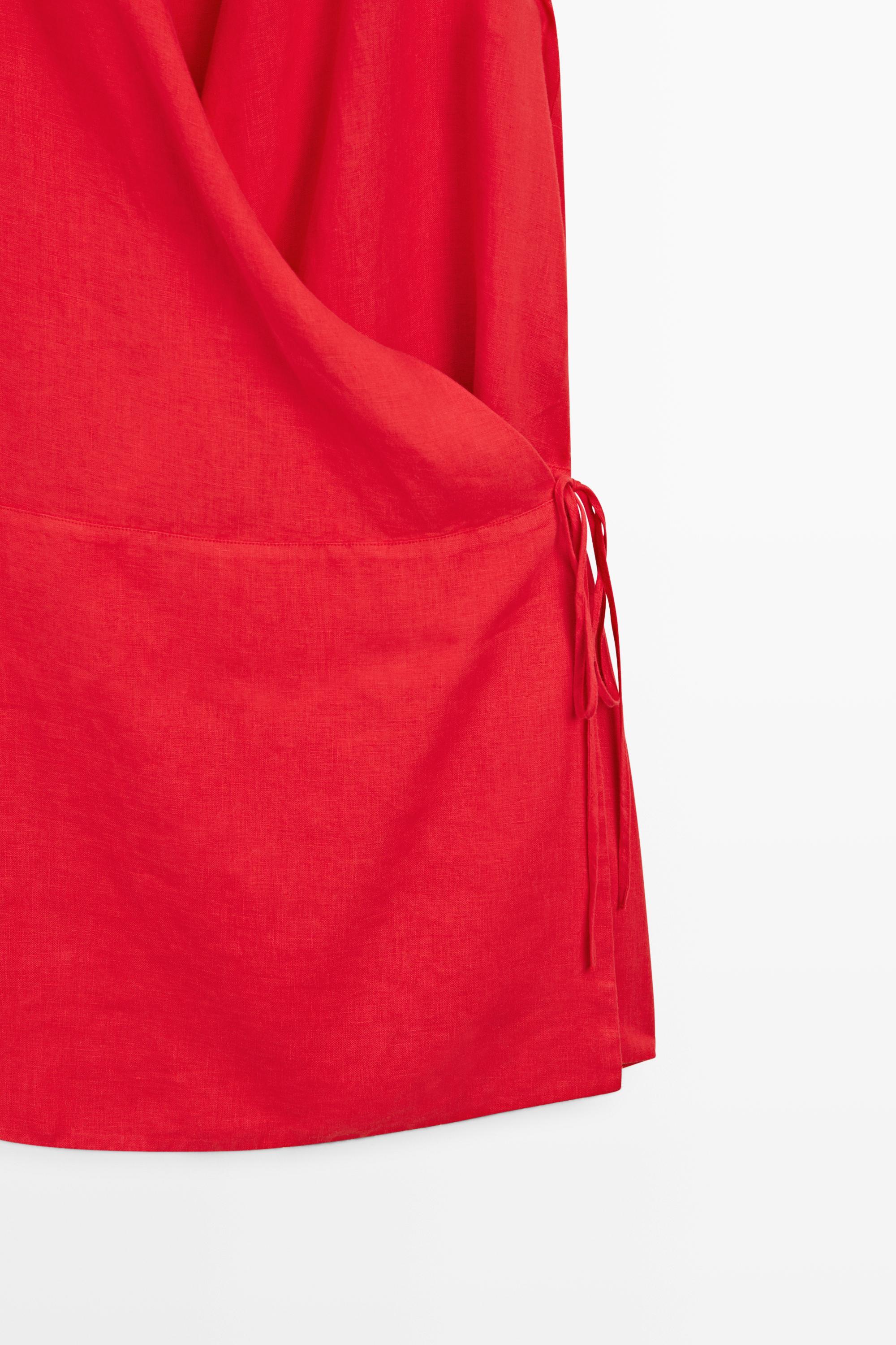 100% linen surplice mini dress — RED