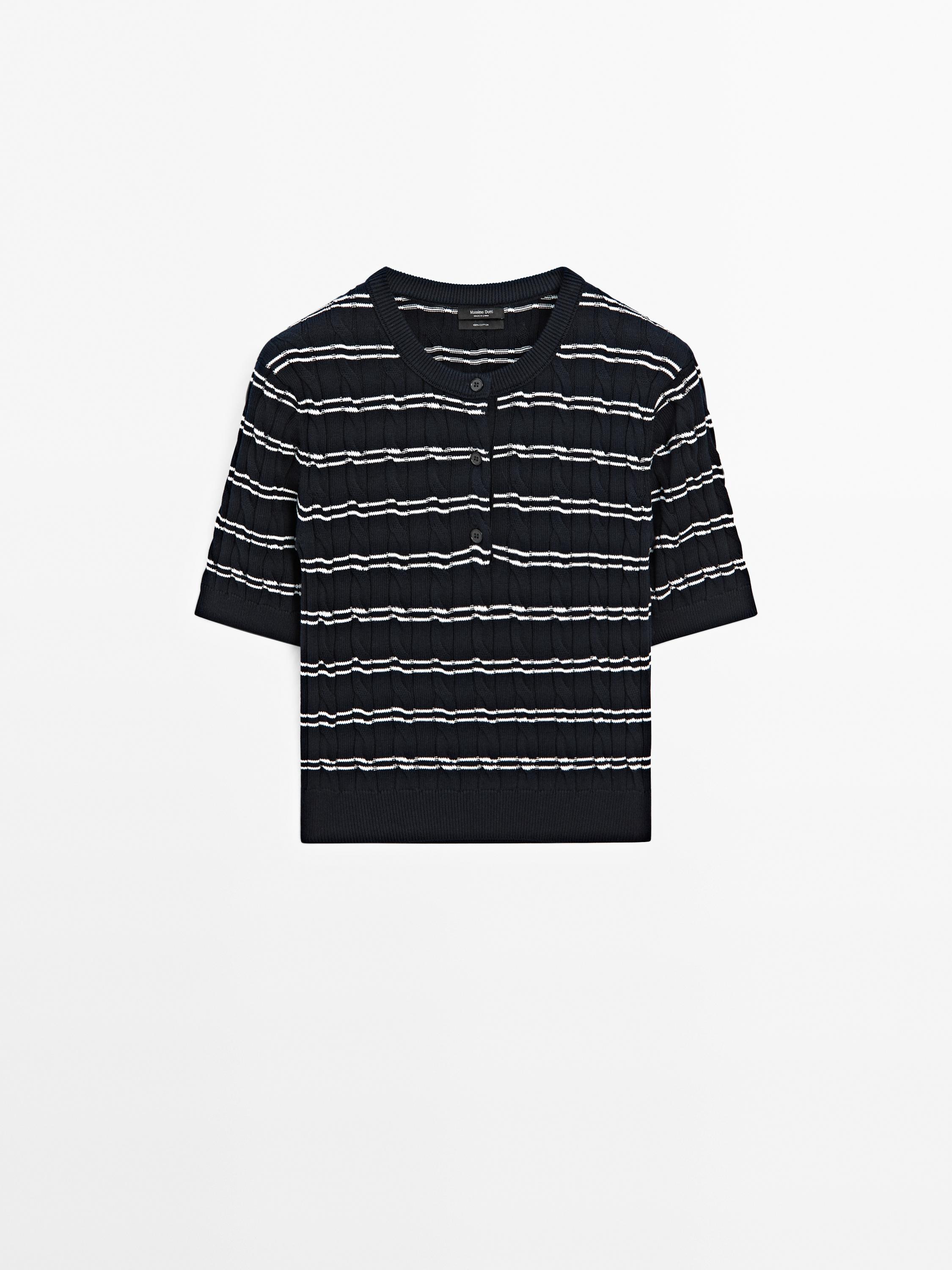 Striped short sleeve cotton sweater