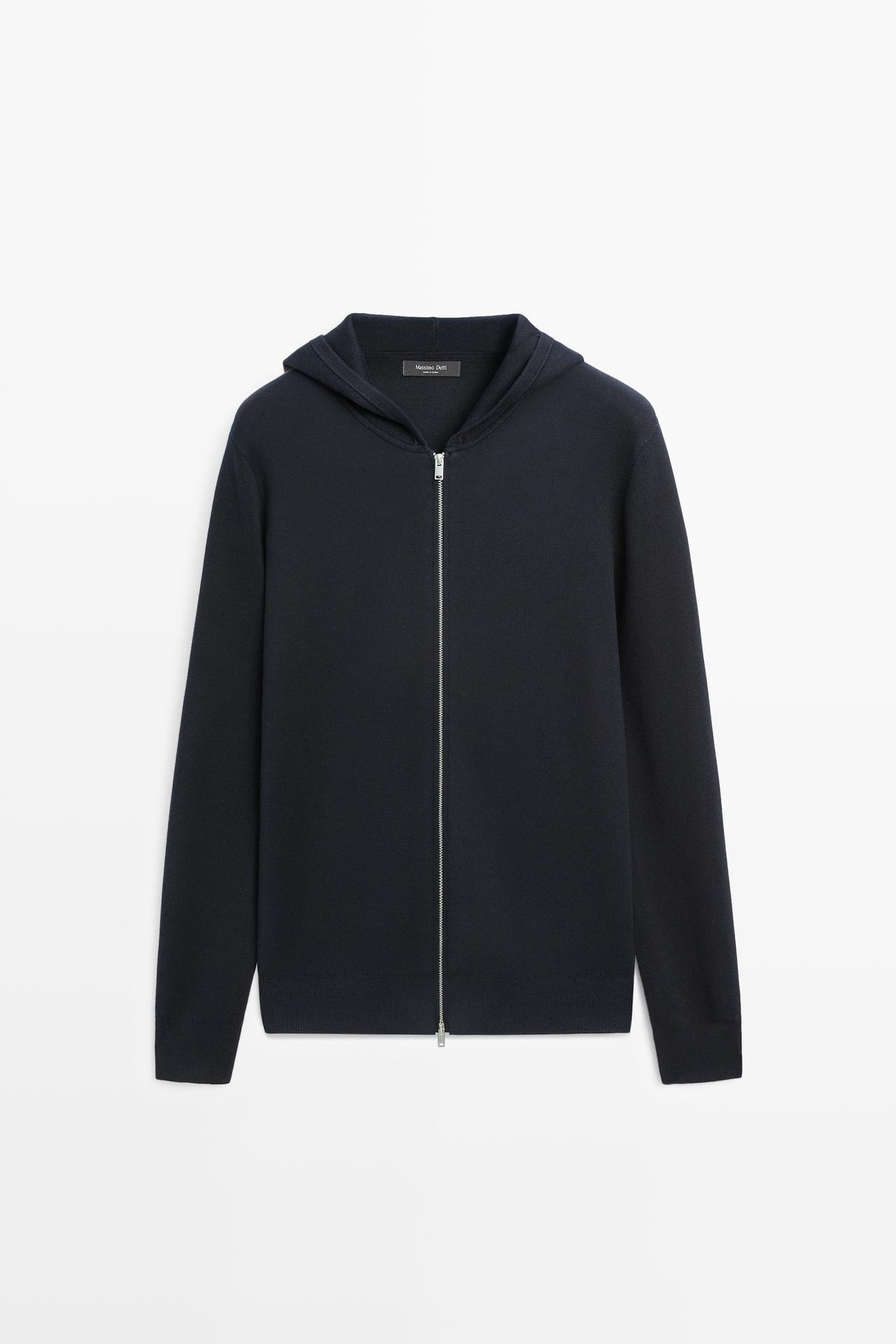 100% cotton hooded knit cardigan — NAVY BLUE