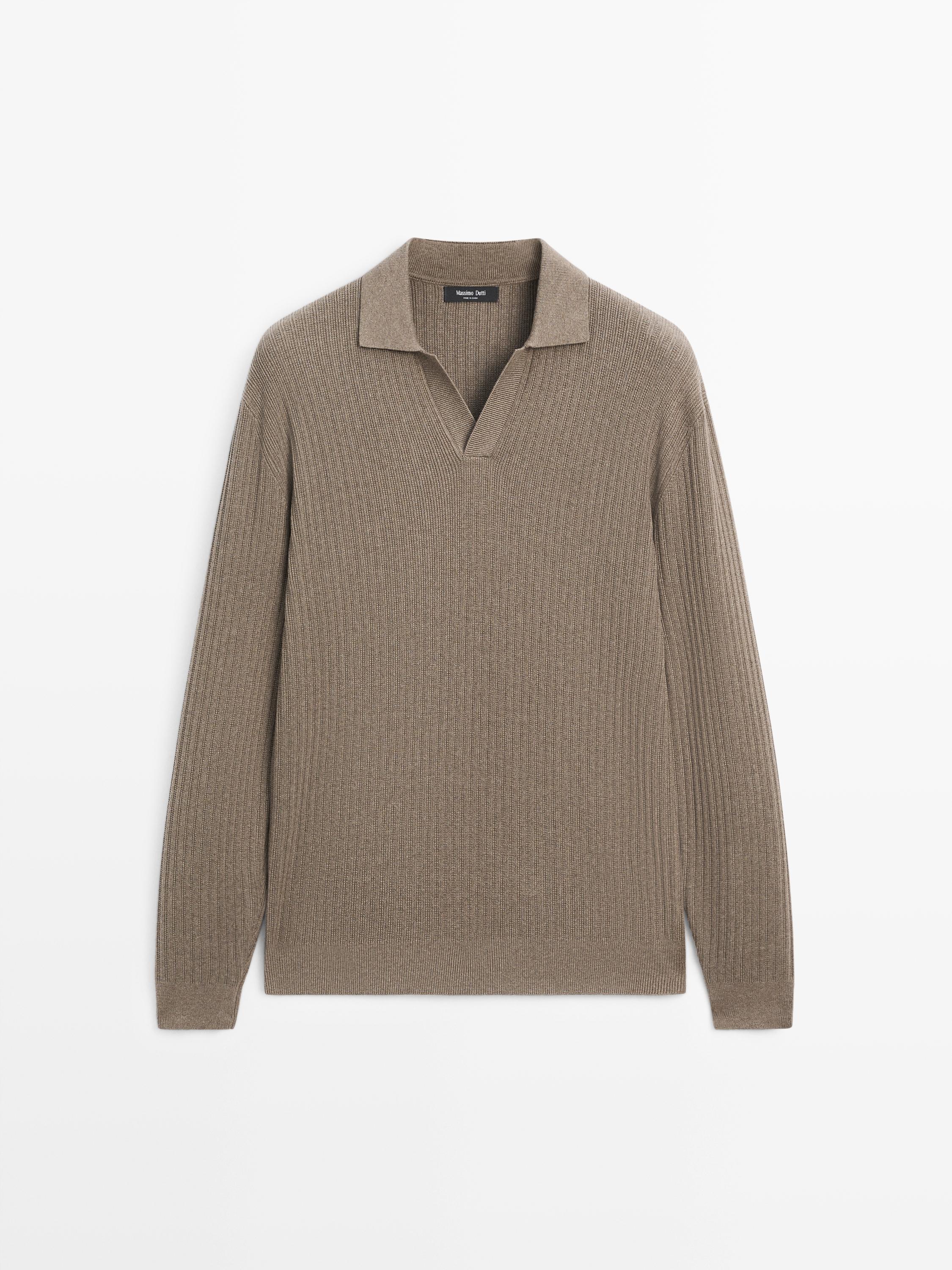 Cotton blend knit polo sweater — KHAKI