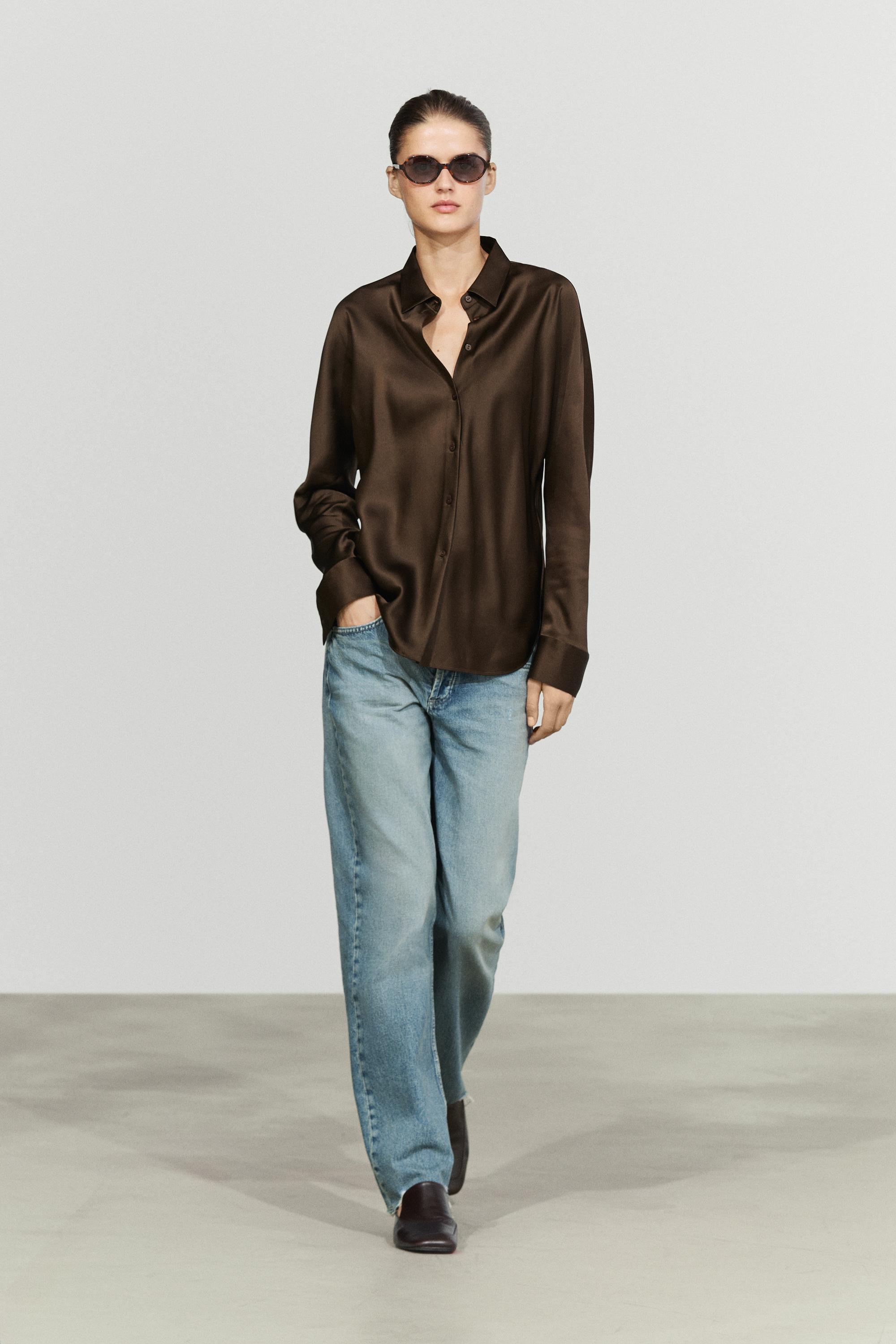 Camicia Fluida Satinata - Marrone Toffee - S - Massimo Dutti - Female