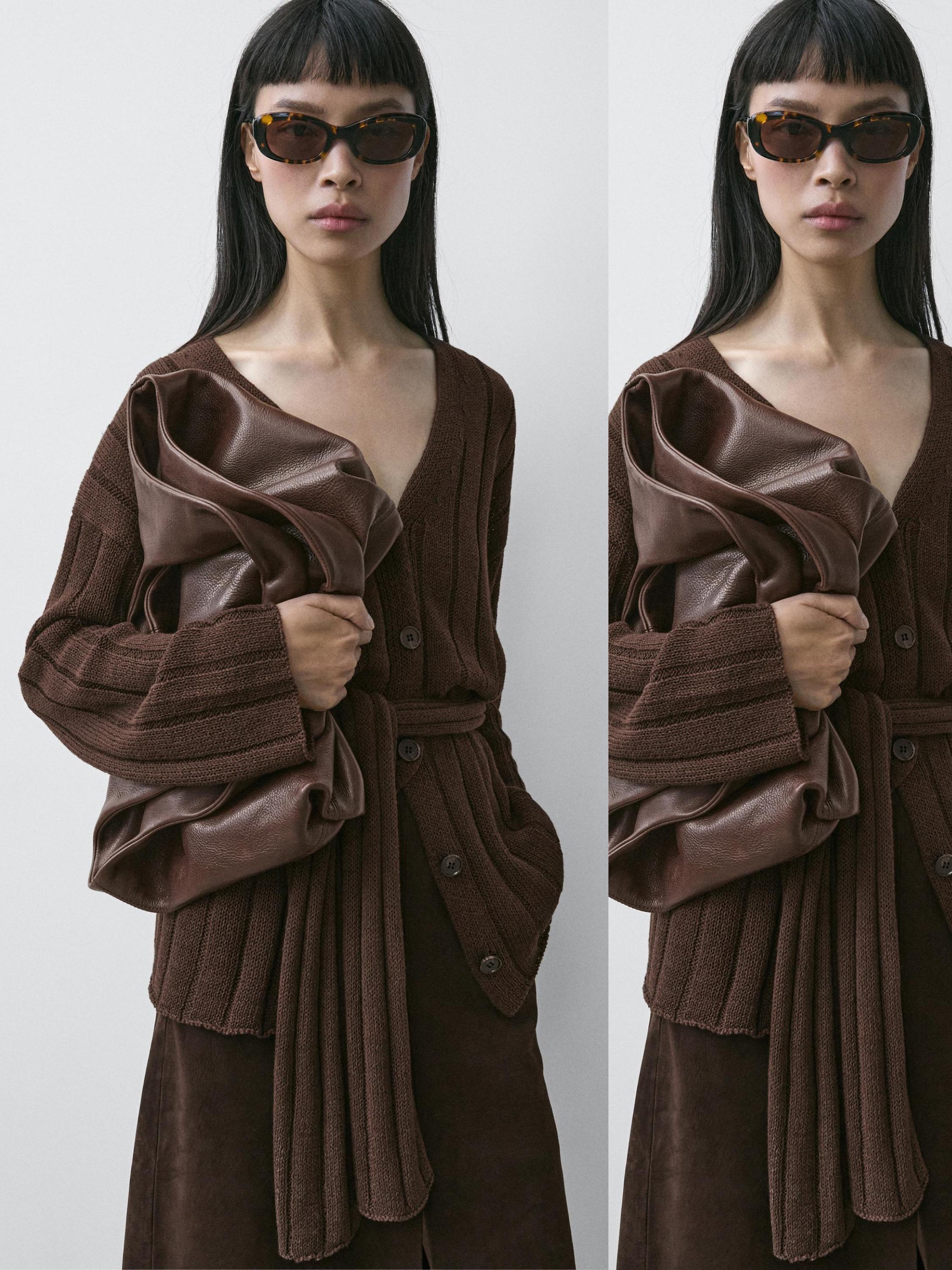 Knit cardigan with waist detail — Chocolate