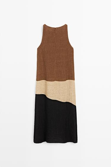 Combined linen blend midi dress — BROWN 6