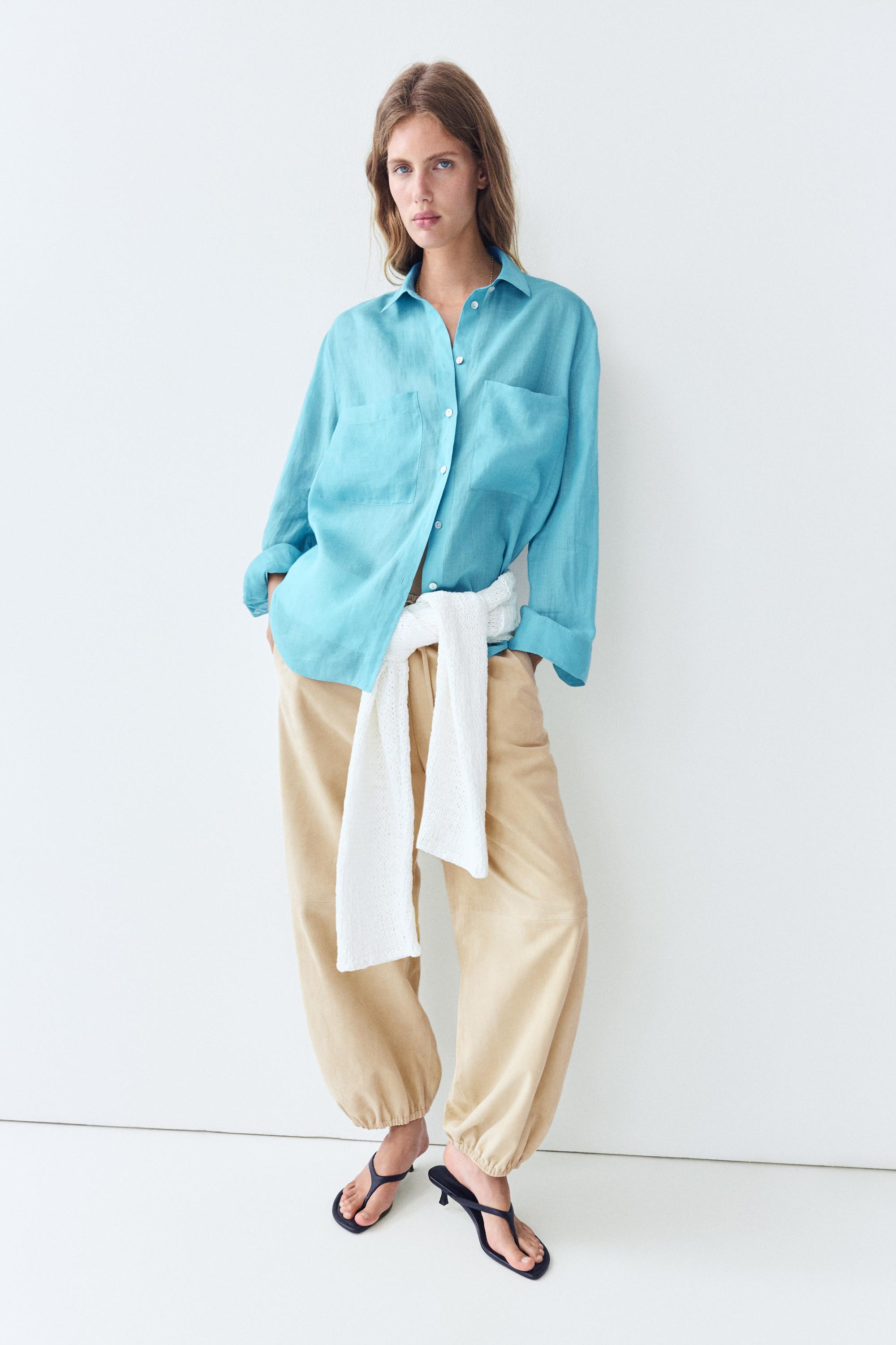 100% ramie flowing pocket shirt — TURQUOISE
