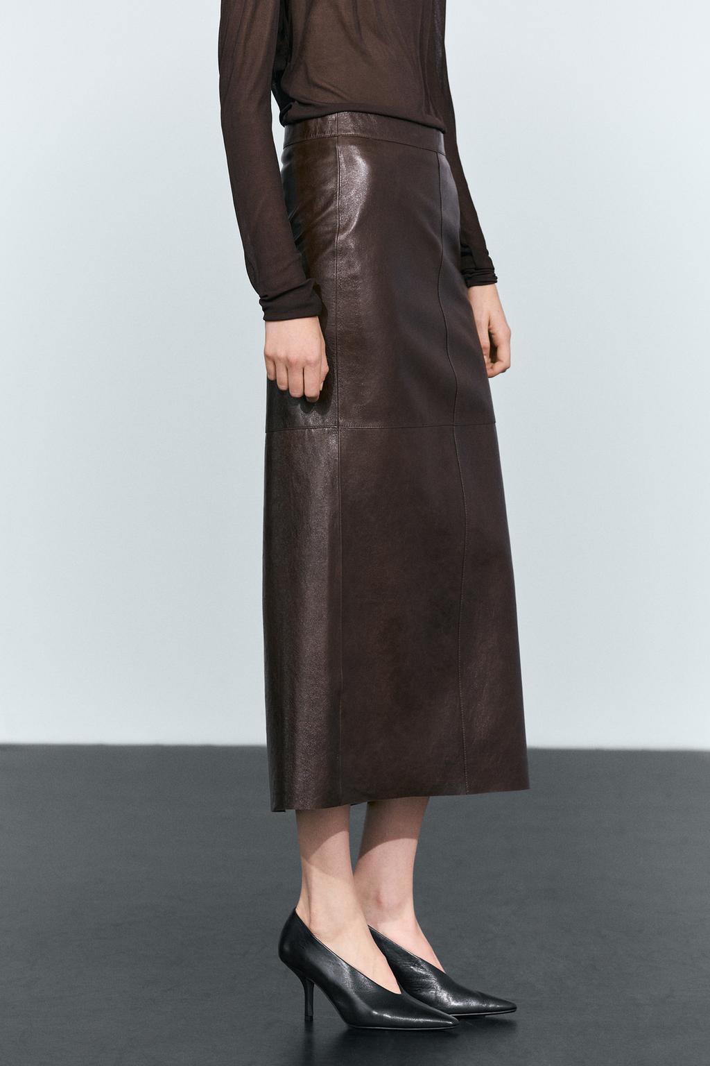 Massimo Dutti Straight nappa leather midi skirt with seams