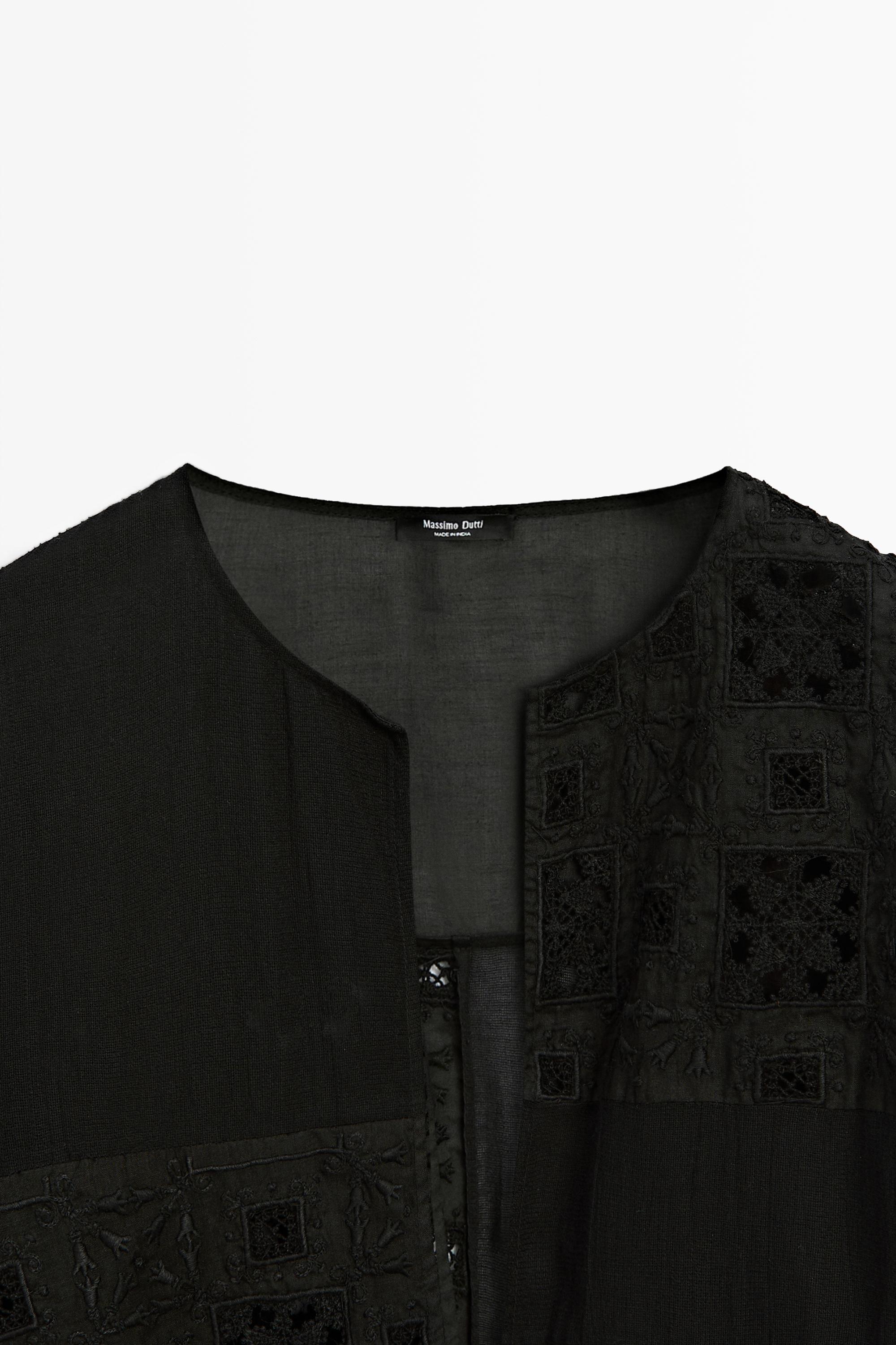 Flowing embroidered kaftan dress — BLACK