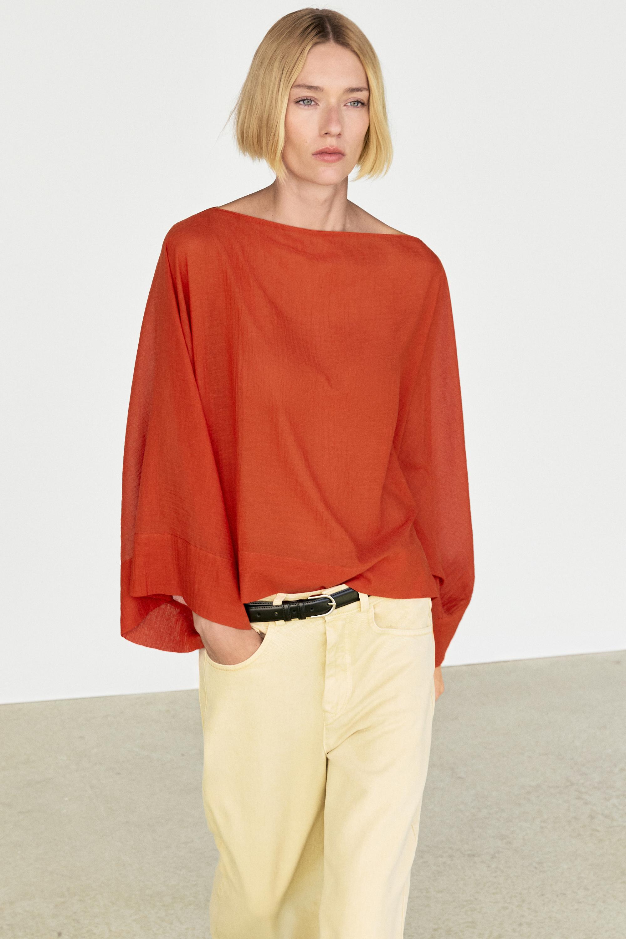 Flowing 100% cotton shirt with voluminous sleeves — BURNT ORANGE