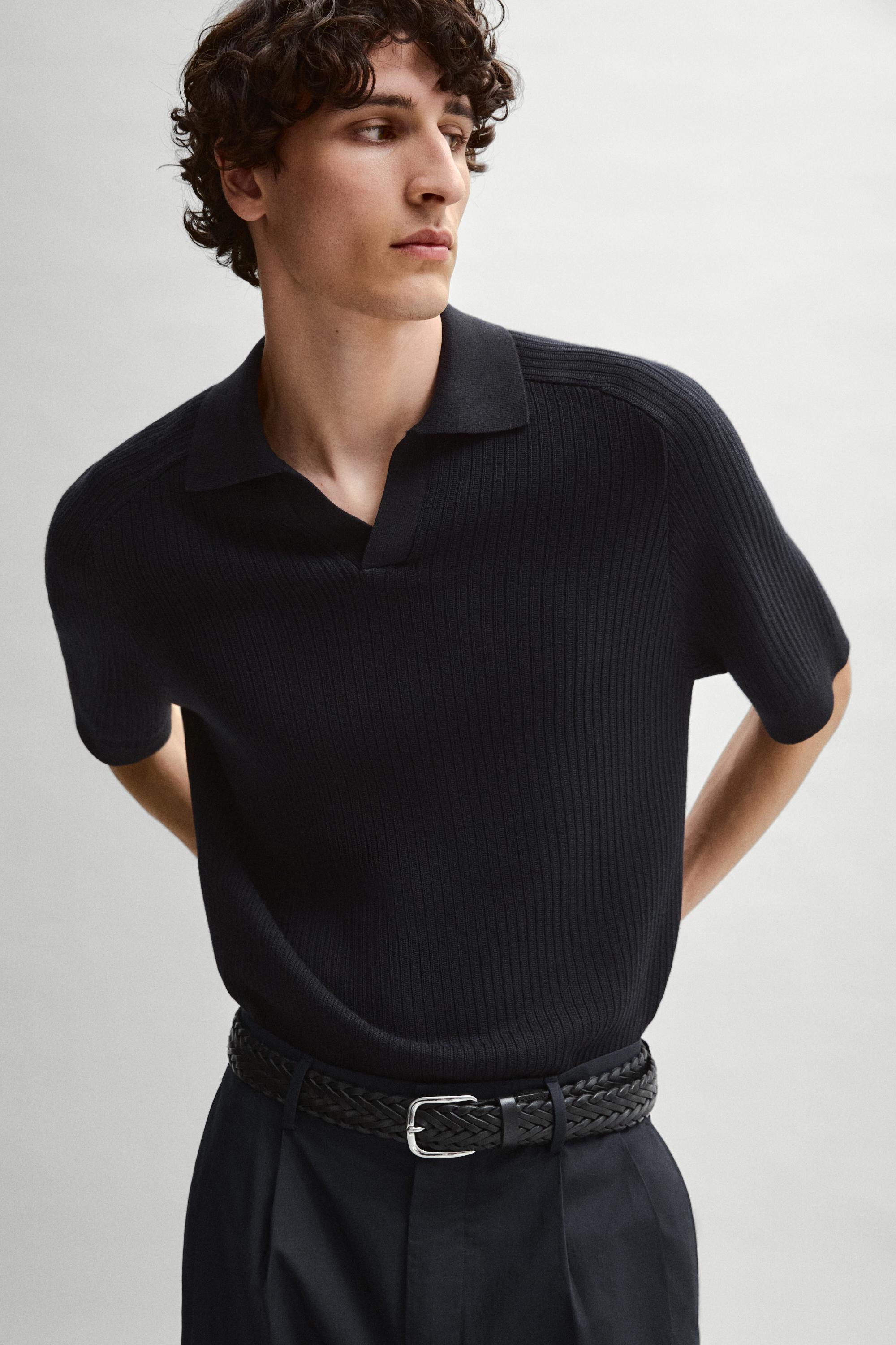 Ribbed knit cotton polo sweater — NAVY BLUE