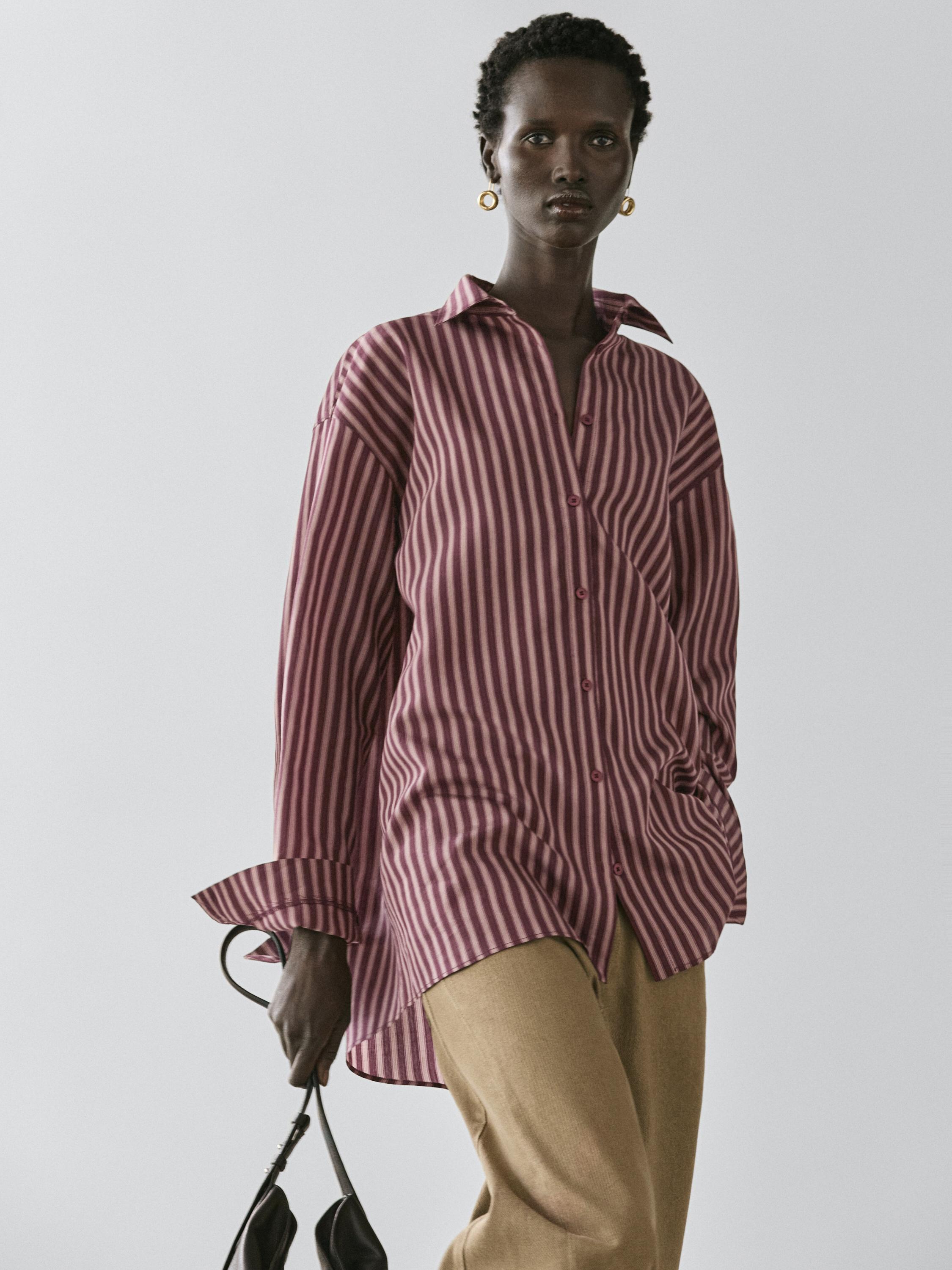 Flowing shirt with striped detailing — BROWN
