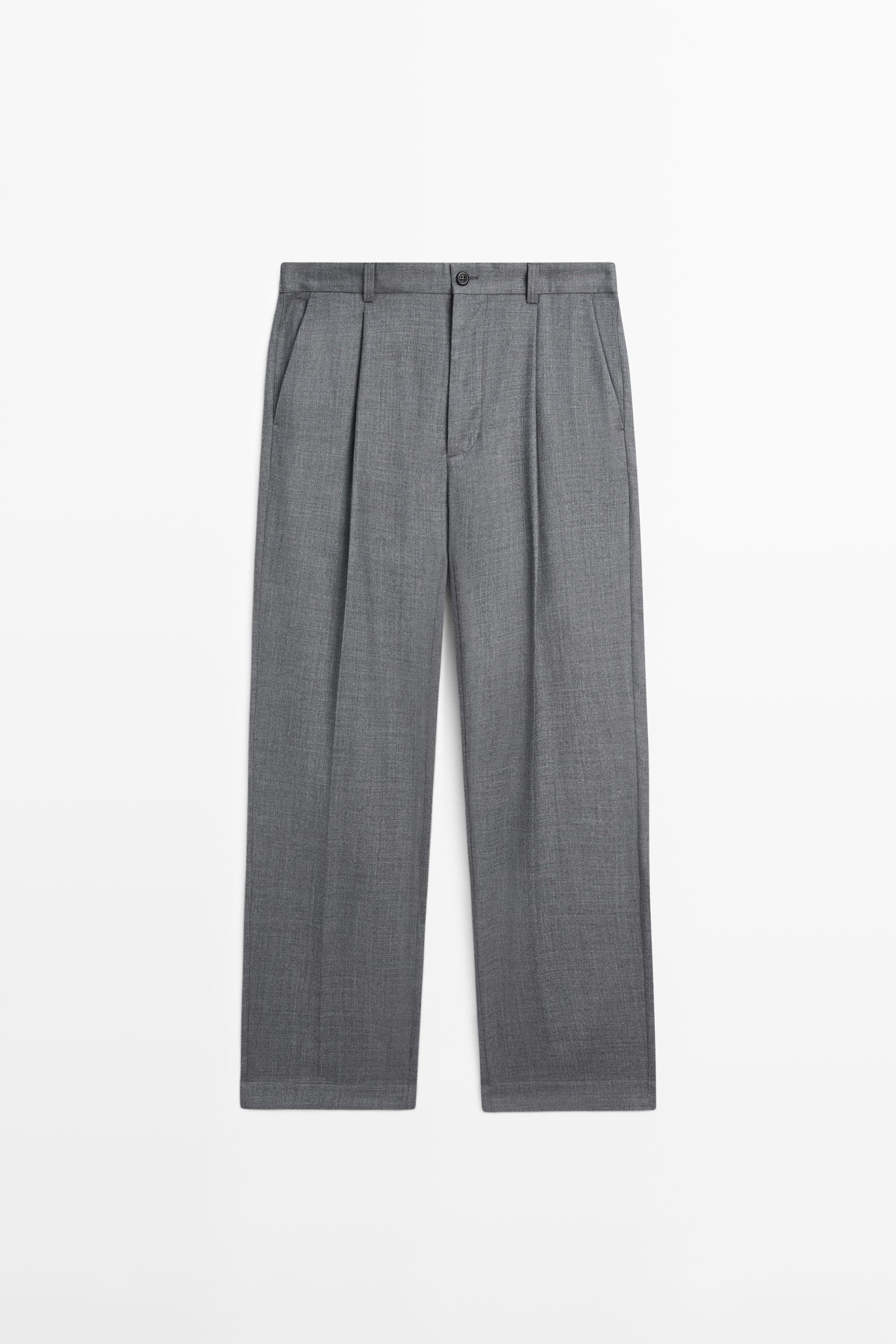 Calças relaxed fit com pinças de lã fria