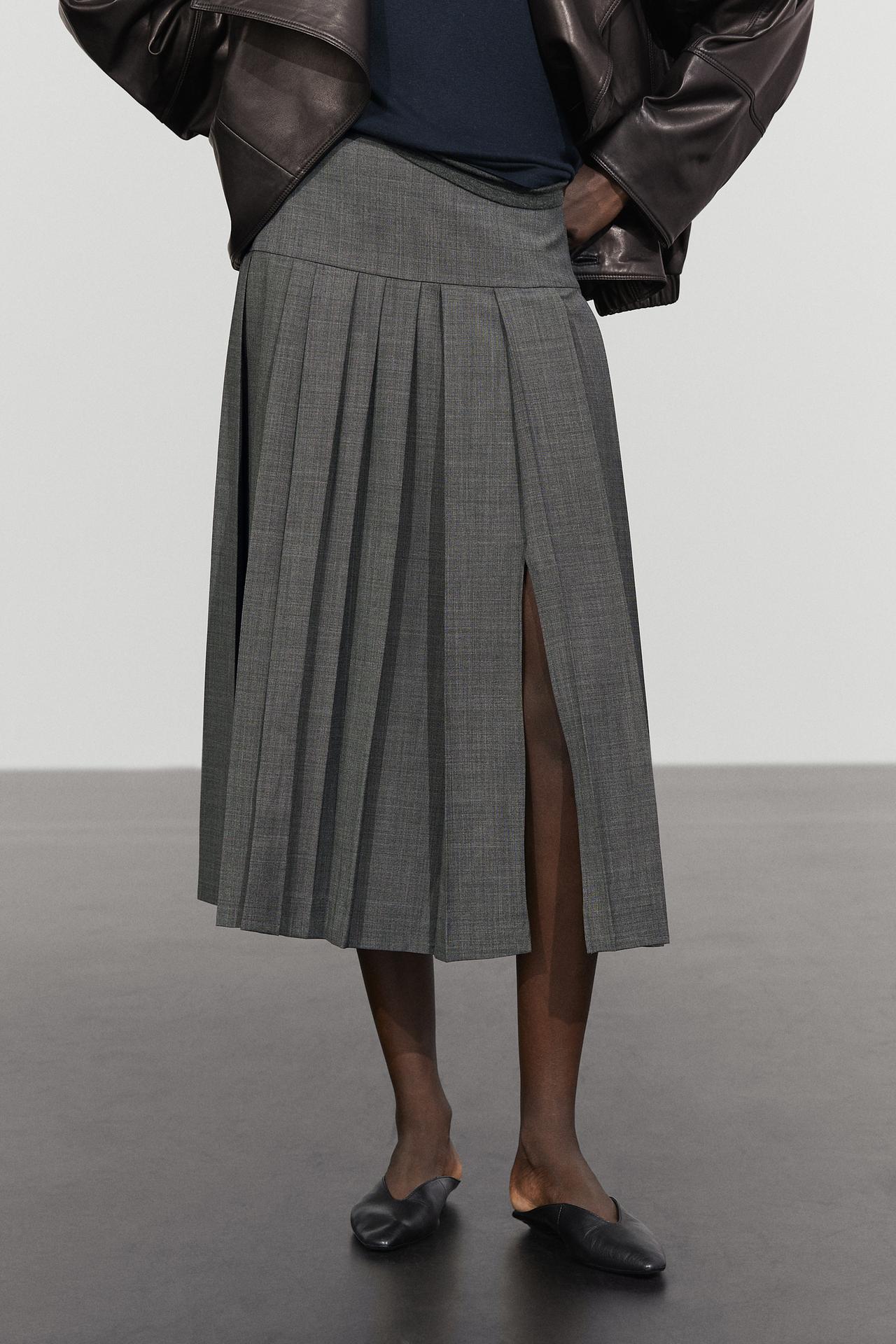 Pleated wool-blend midi skirt — GREY
