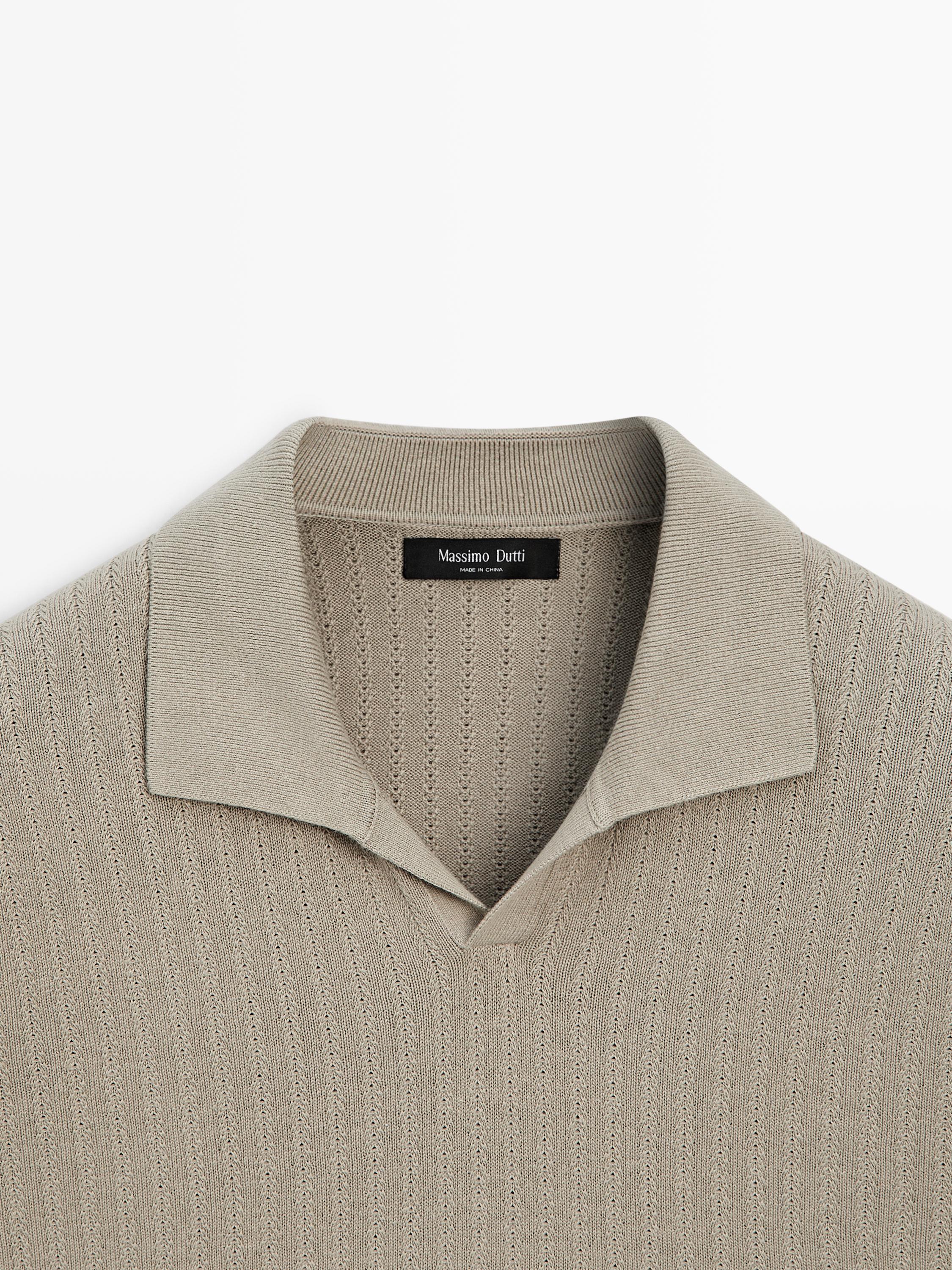 Knit polo sweater with cutwork detail — TAUPE GREY