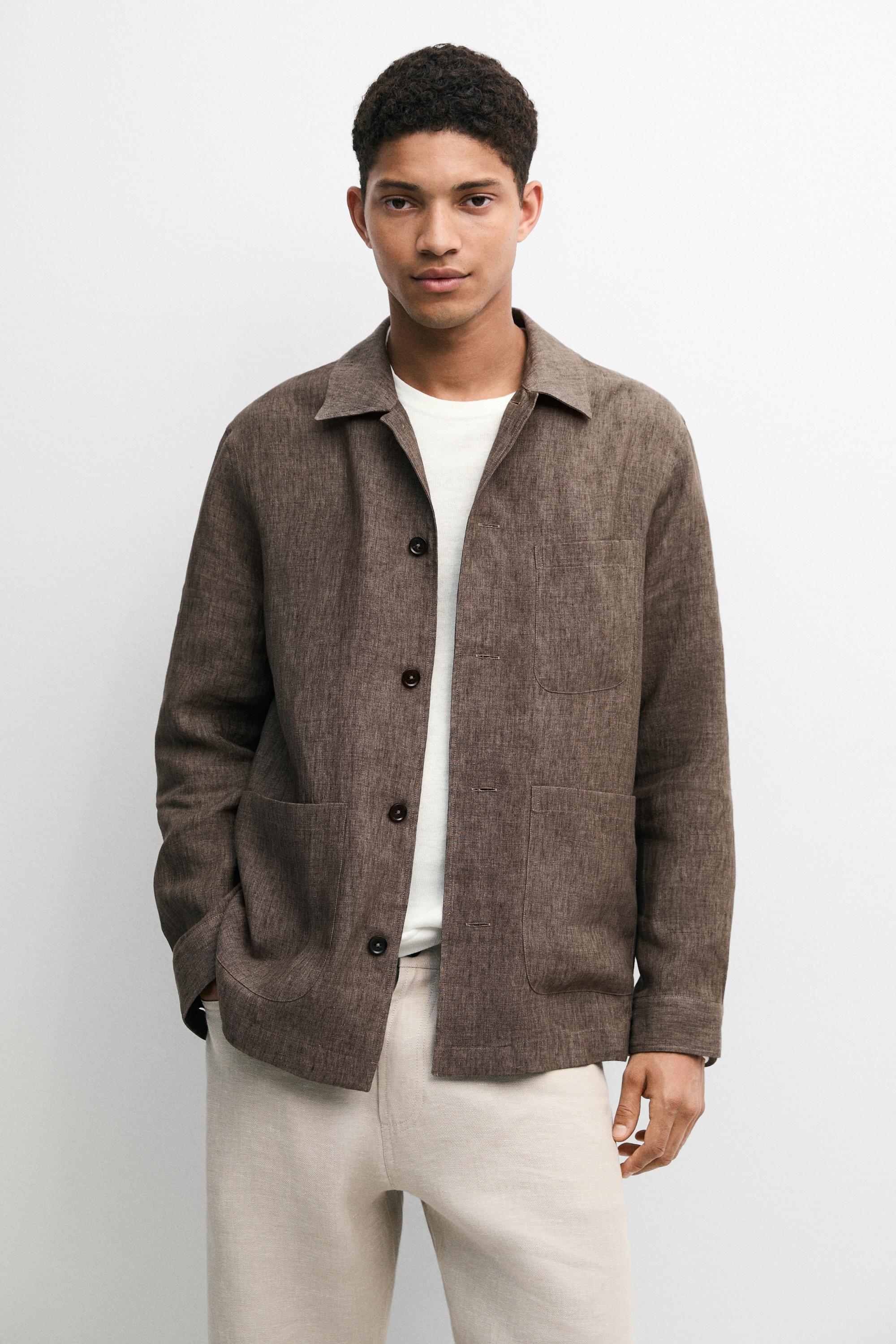 Faded linen overshirt with pocket details — BROWN