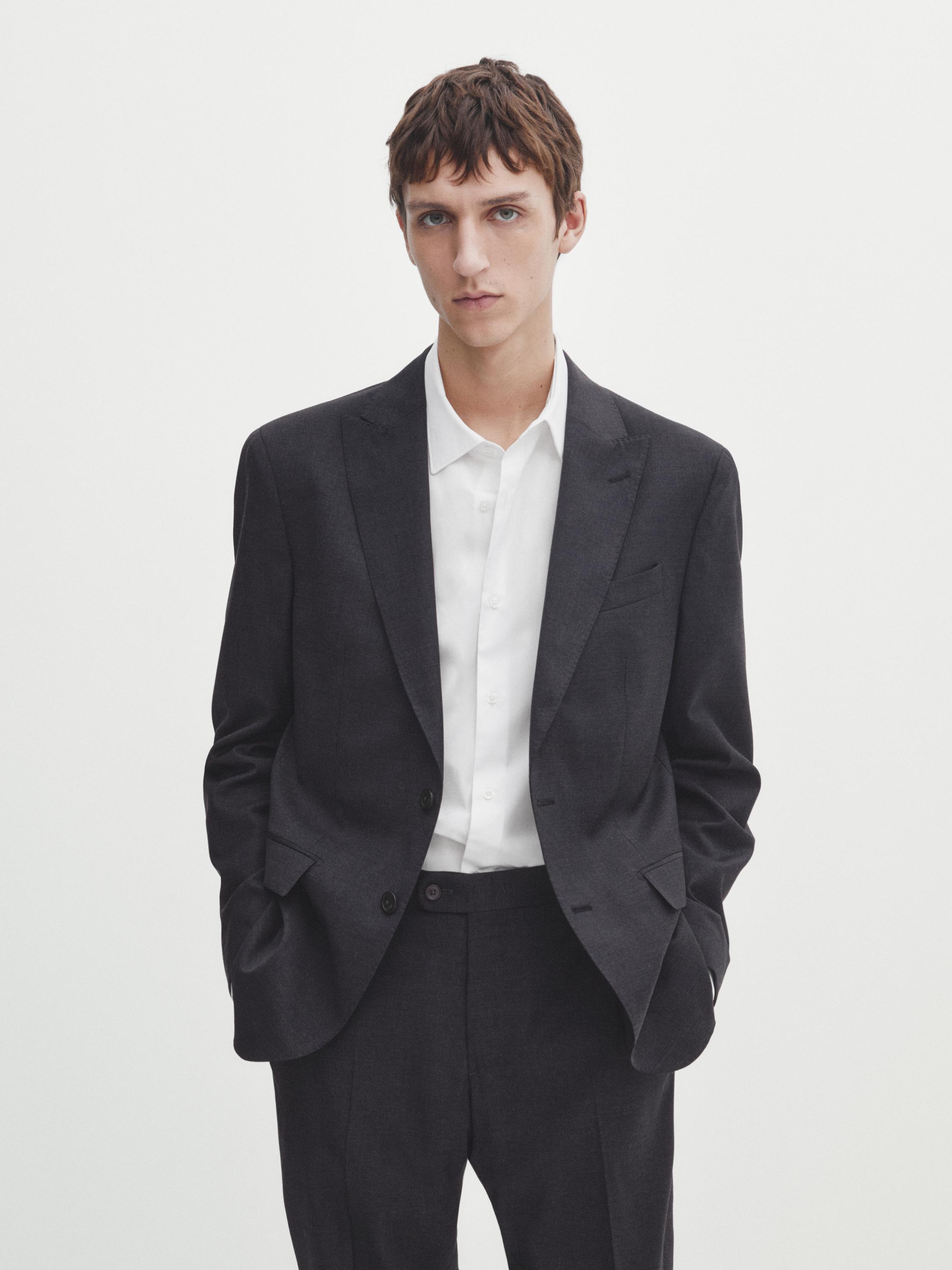 Veste de costume unie grise en laine mélangée