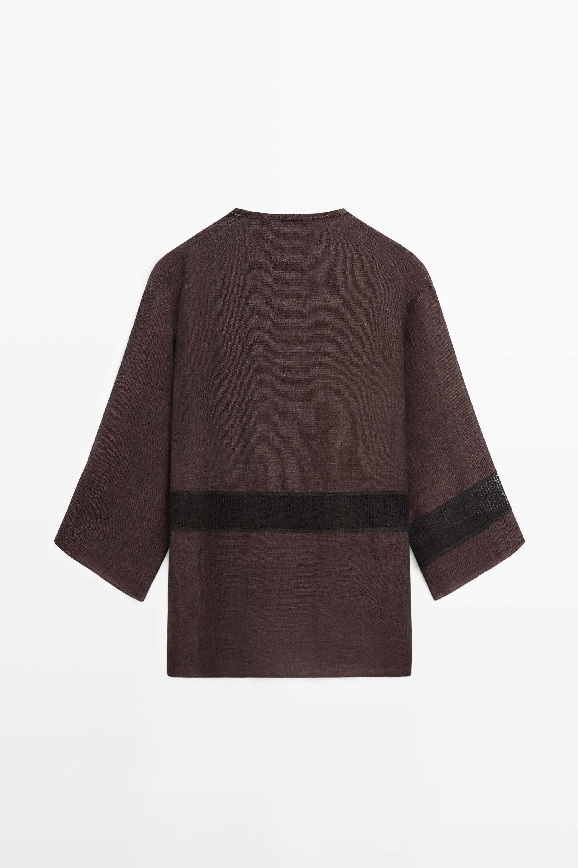 Flowing oversize linen blend blouse with lace trim — BROWN MARL