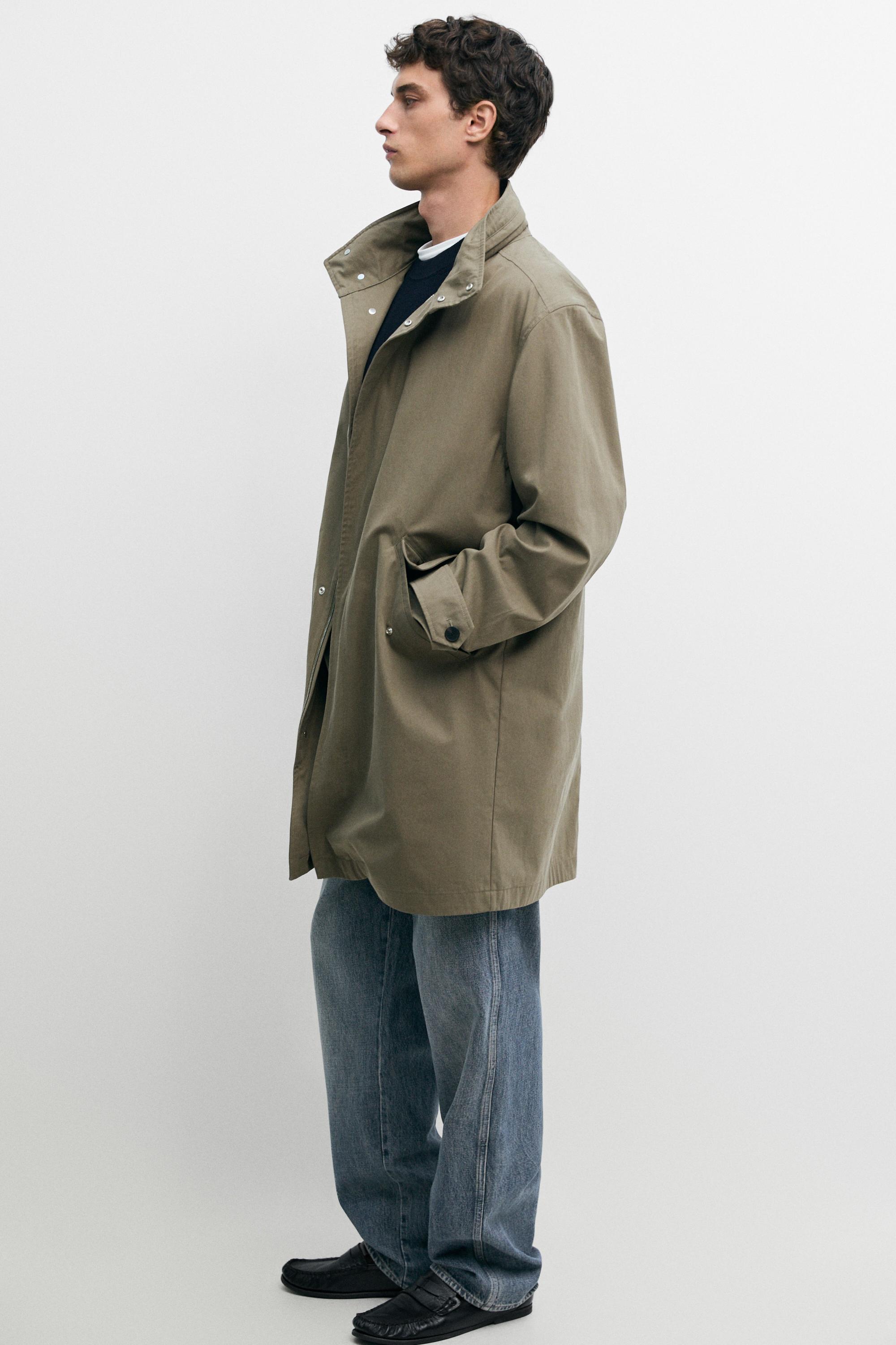 Long high neck 100% cotton parka — PALE KHAKI