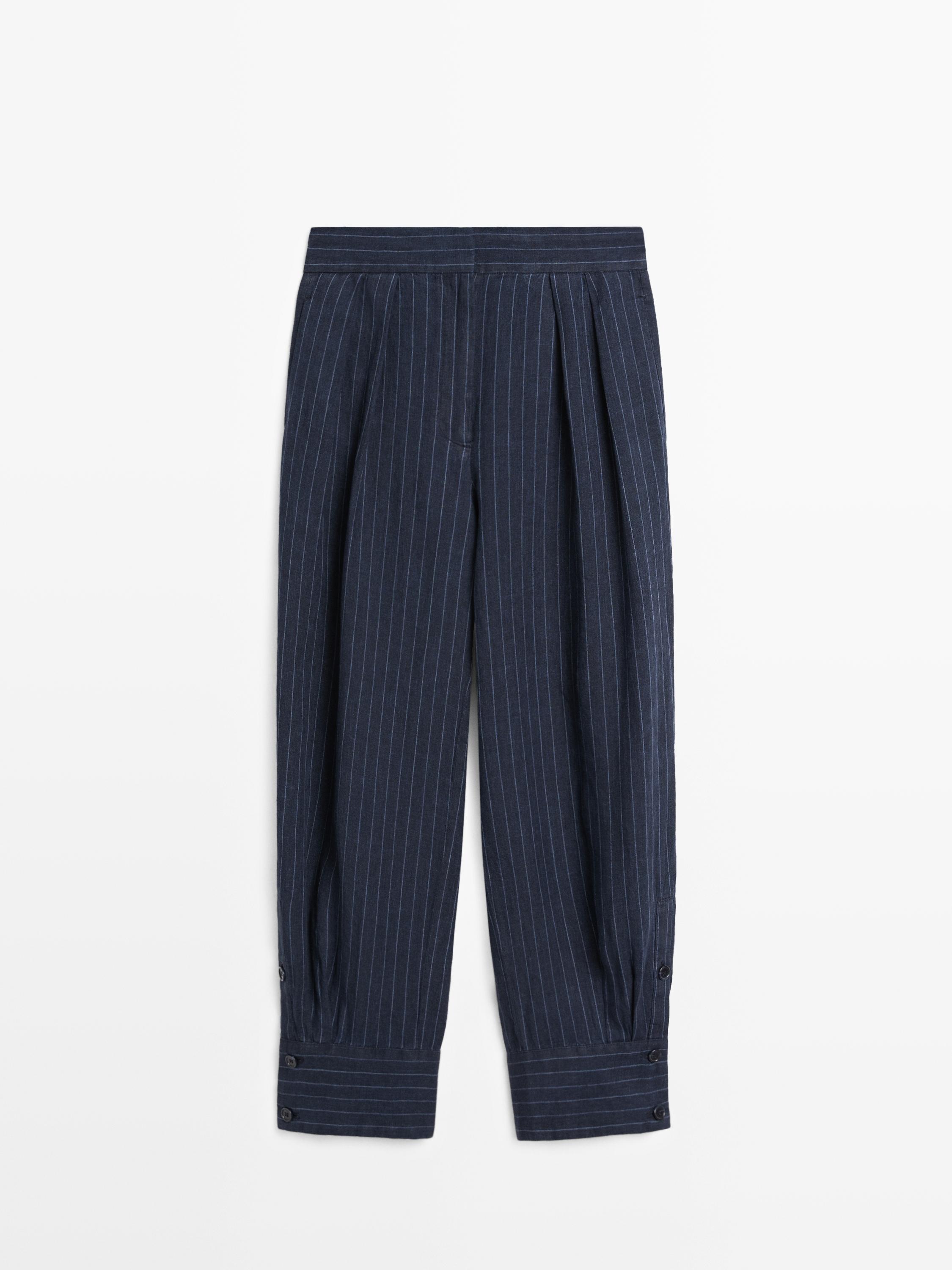 Çizgili keten şalvar pantolon