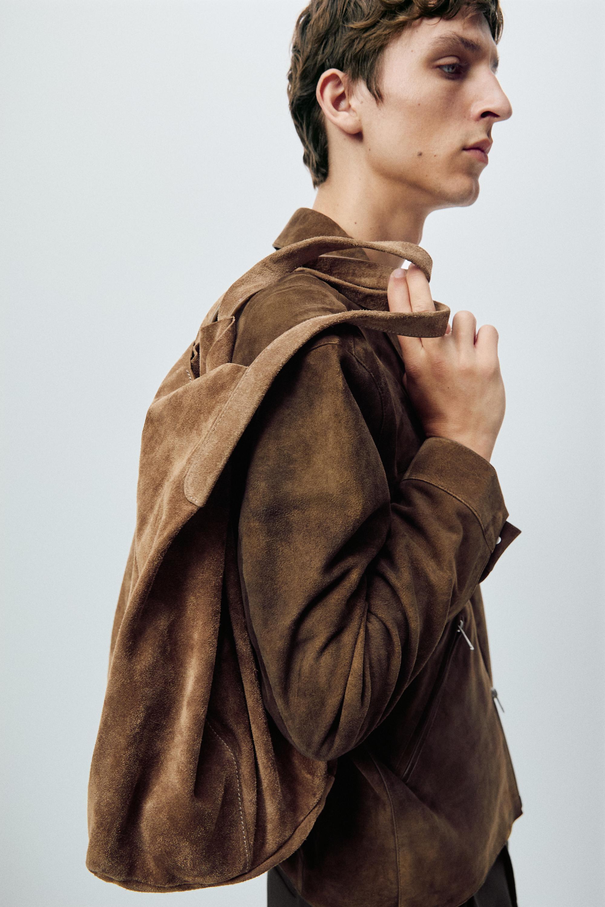 Suede leather zip-up jacket — BROWN MARL