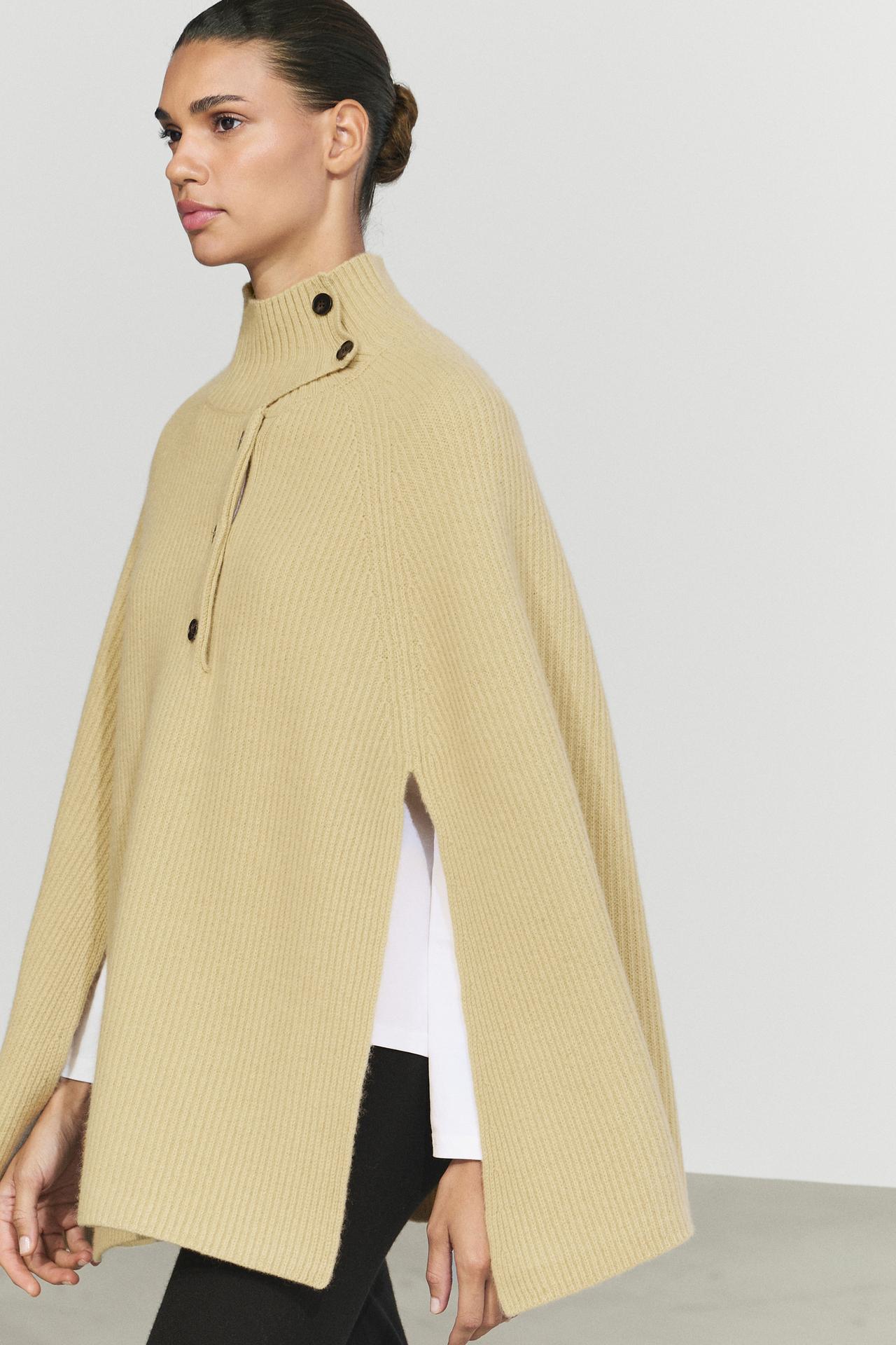 100% wool knit cape with button detail — OLIVE
