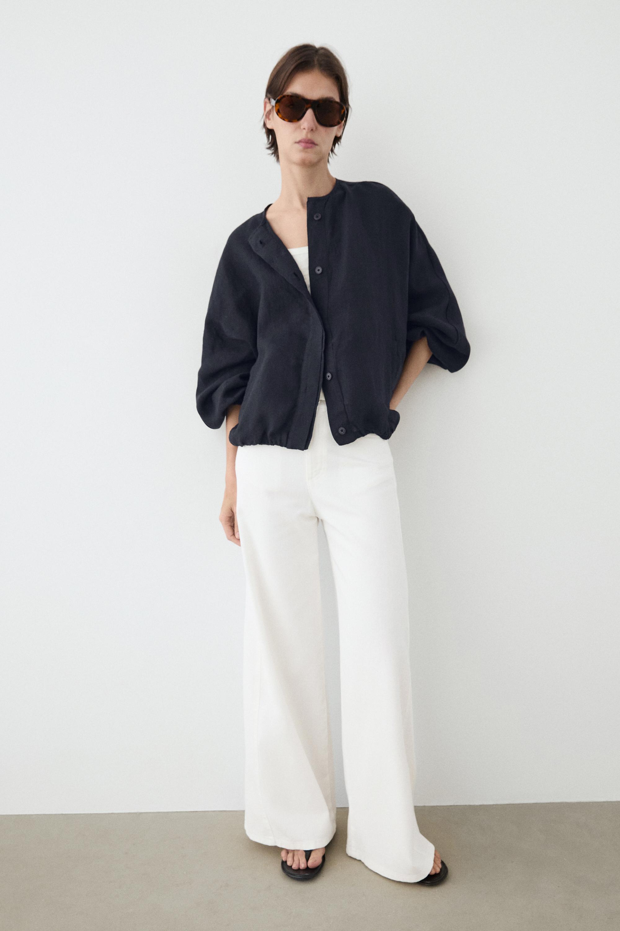 100% linen puff bomber jacket — DARK BLUE