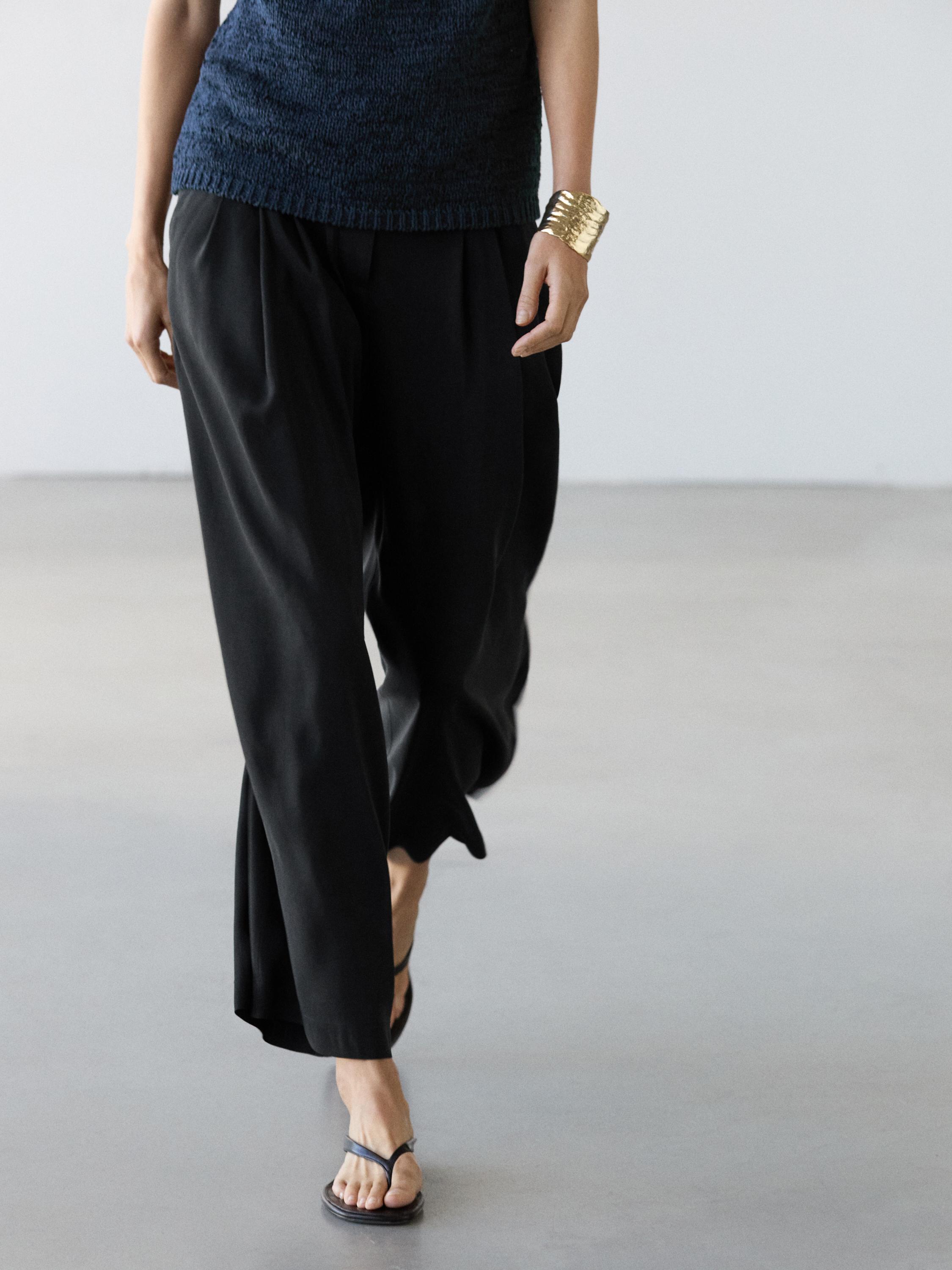 Flowing linen blend trousers — BLACK