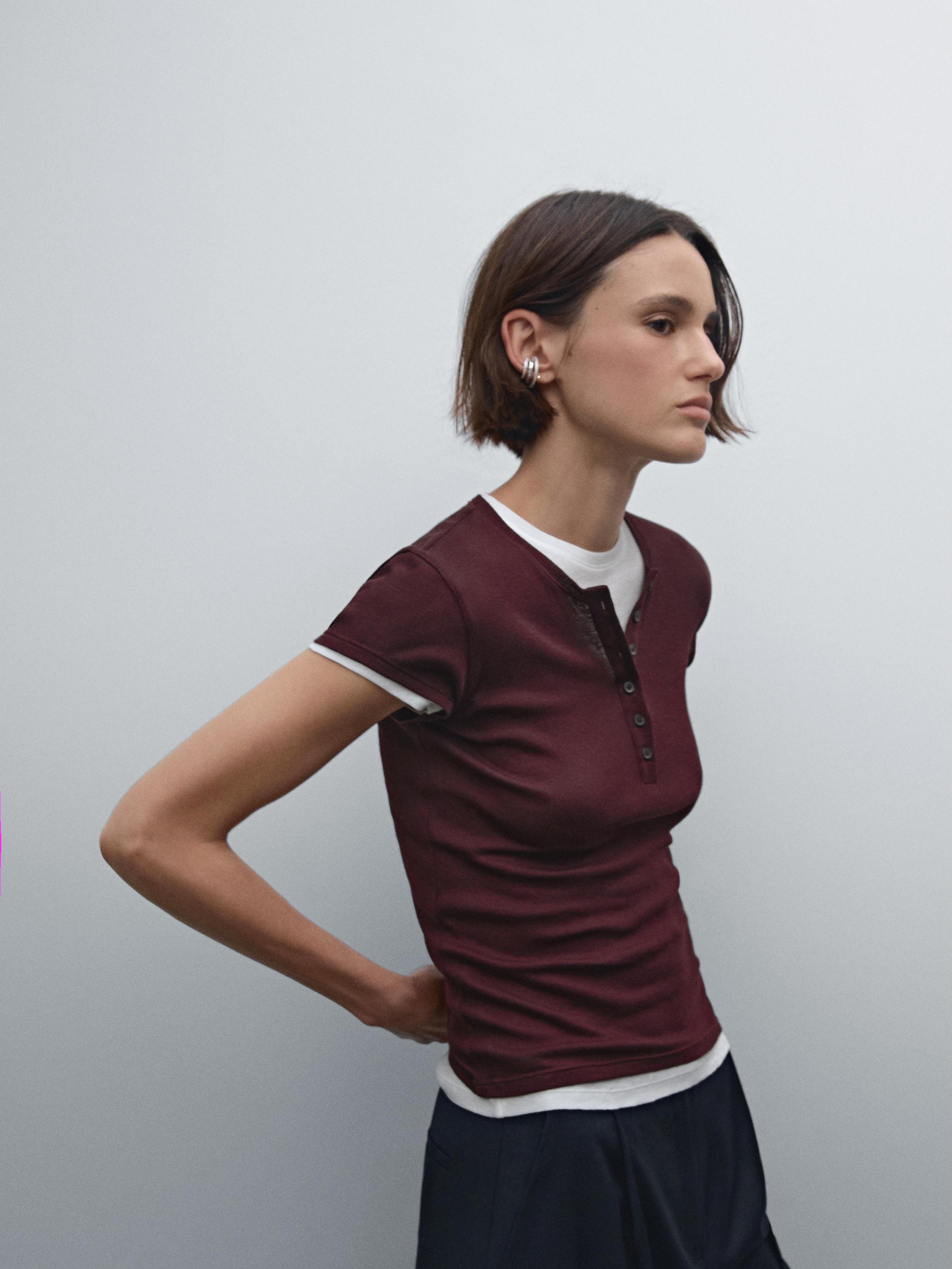 Double-layer cotton henley T-shirt