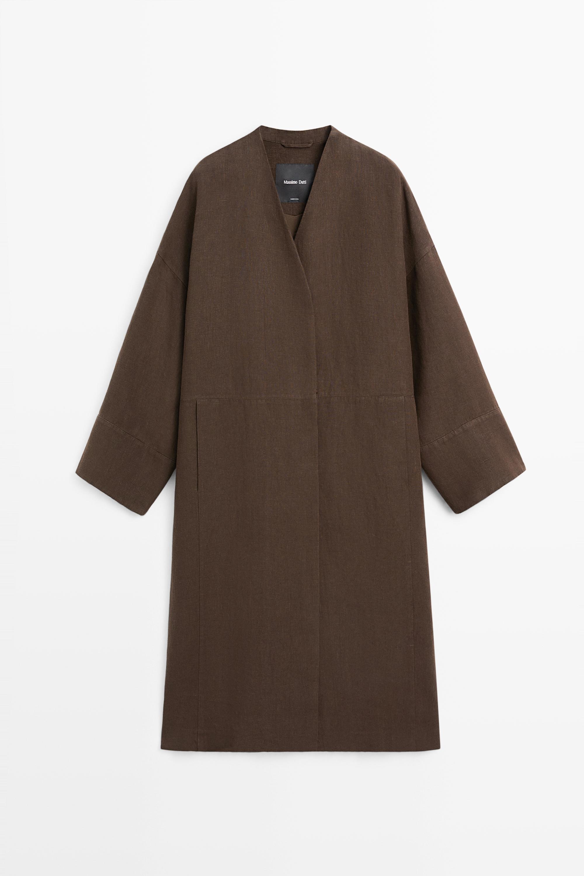 100% linen double-breasted coat with no collar — BROWN
