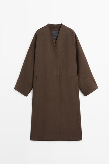 100% linen double-breasted coat with no collar — BROWN 2