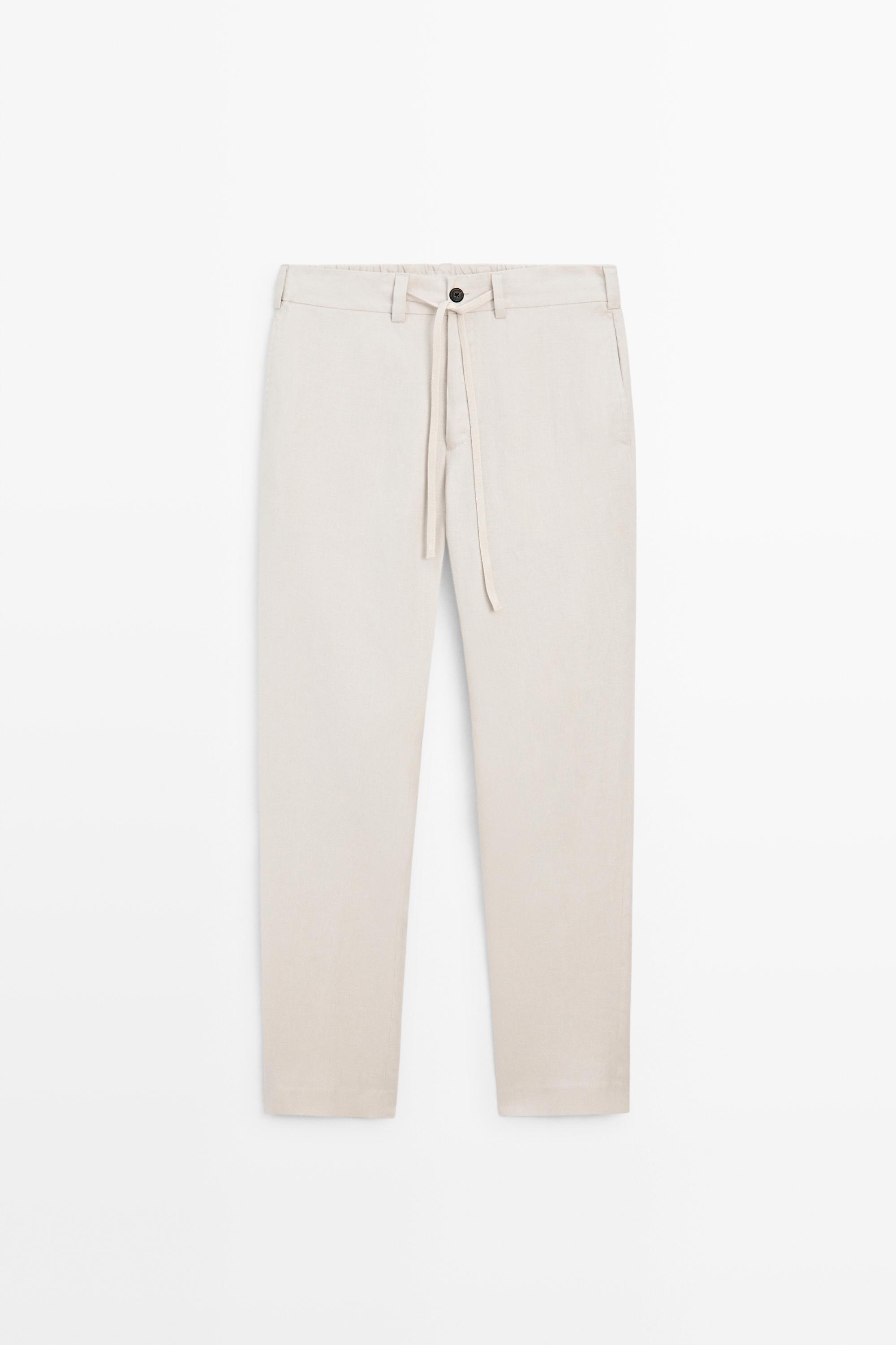 100% linen trousers with elasticated waist — Light Beige