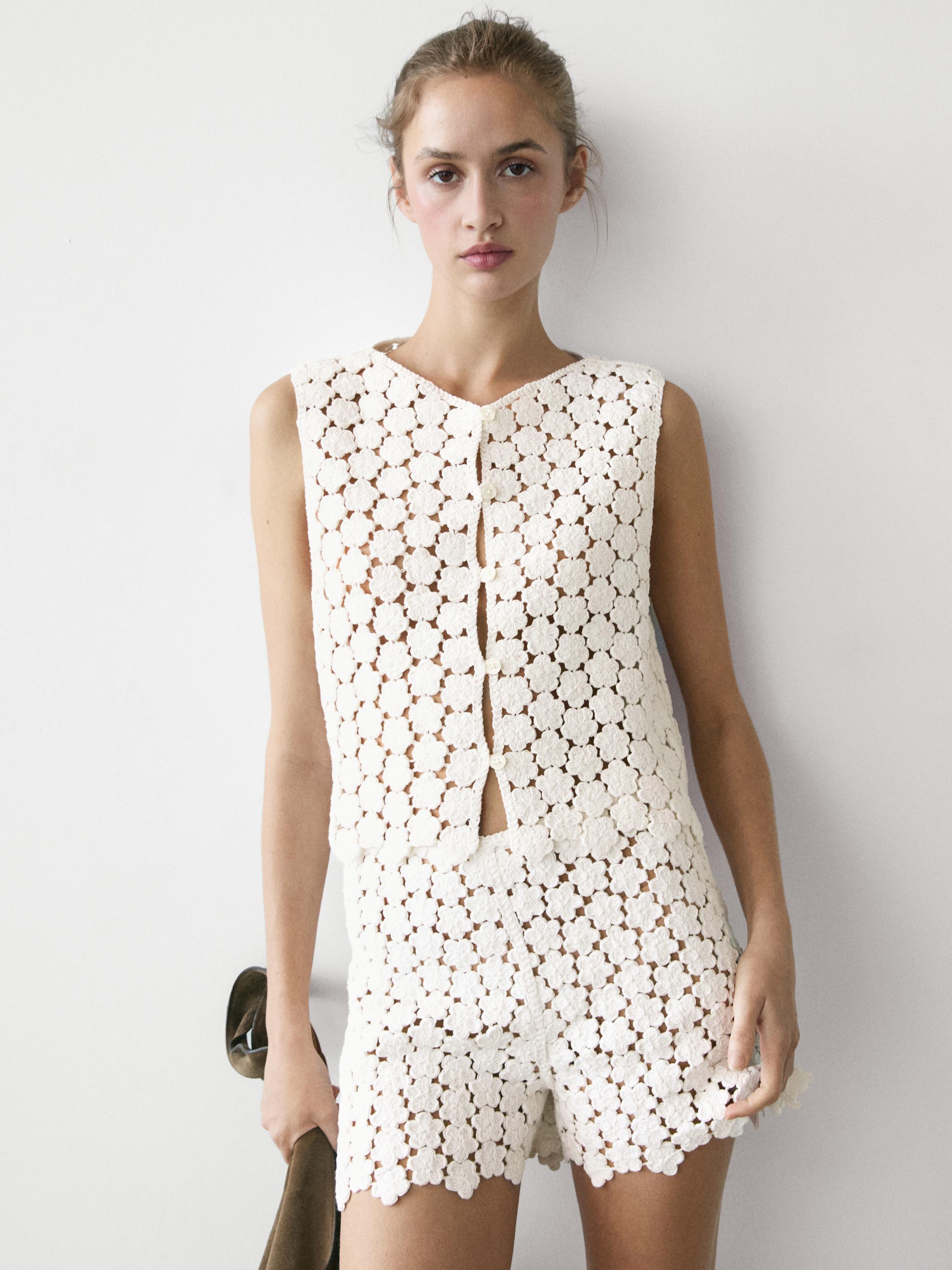 Cotton crochet vest with floral details — CREAM