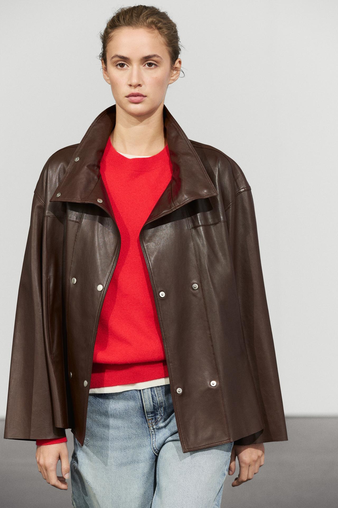 Nappa leather button-placket jacket — BROWN