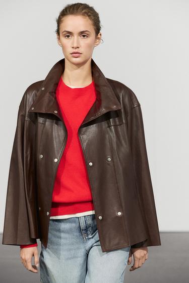 Nappa leather button-placket jacket — BROWN 3