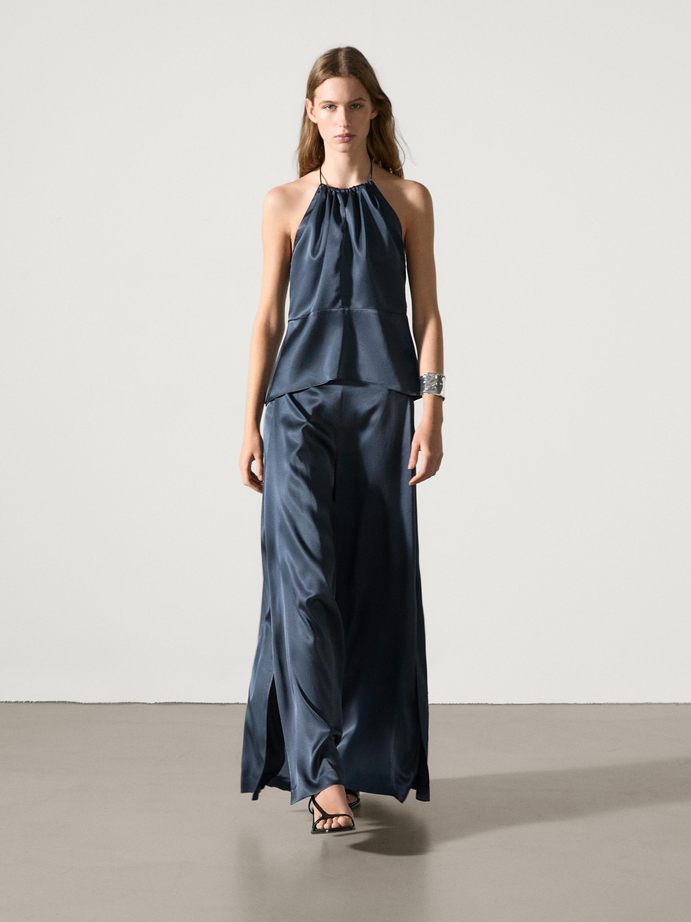 Satin wide-leg trousers with slits