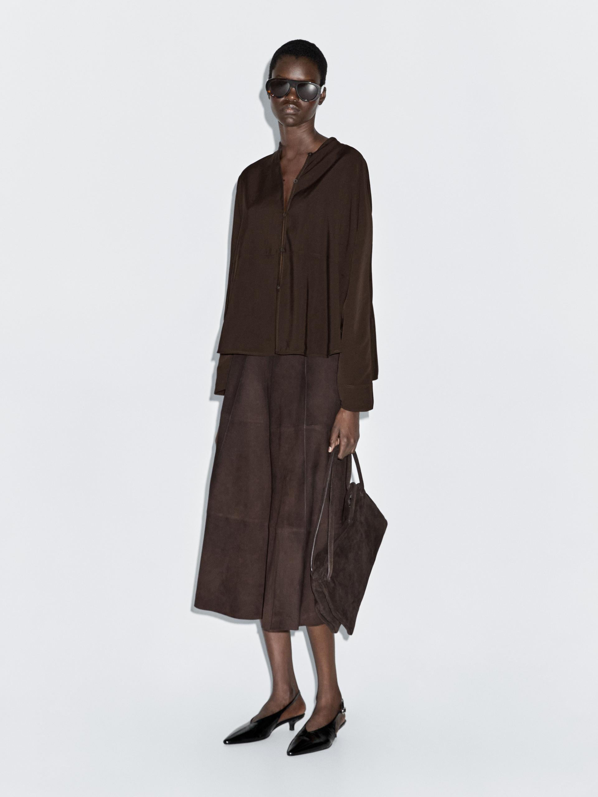 Chemisier Col Mao Découpe Devant - Marron - S - Massimo Dutti - Femme