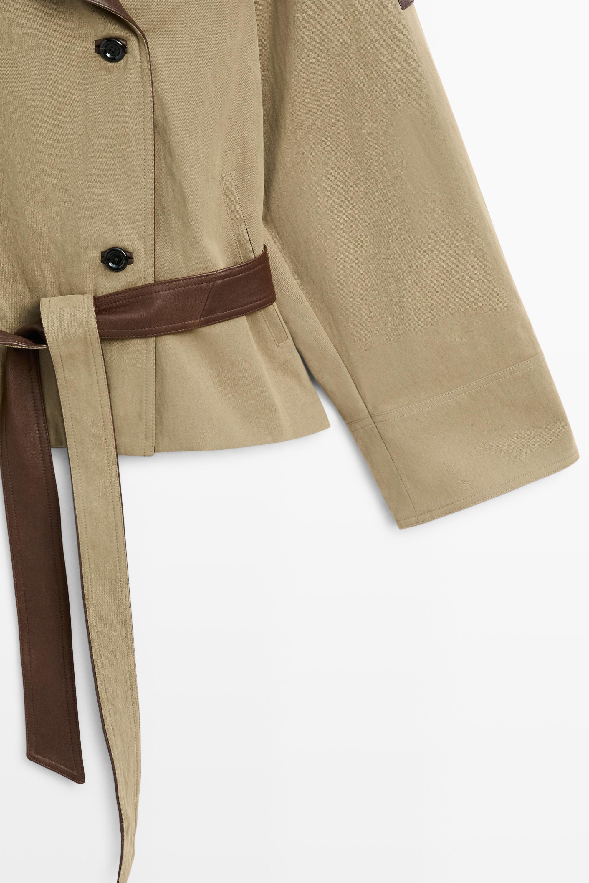 Cropped mixed leather jacket — Greyish green