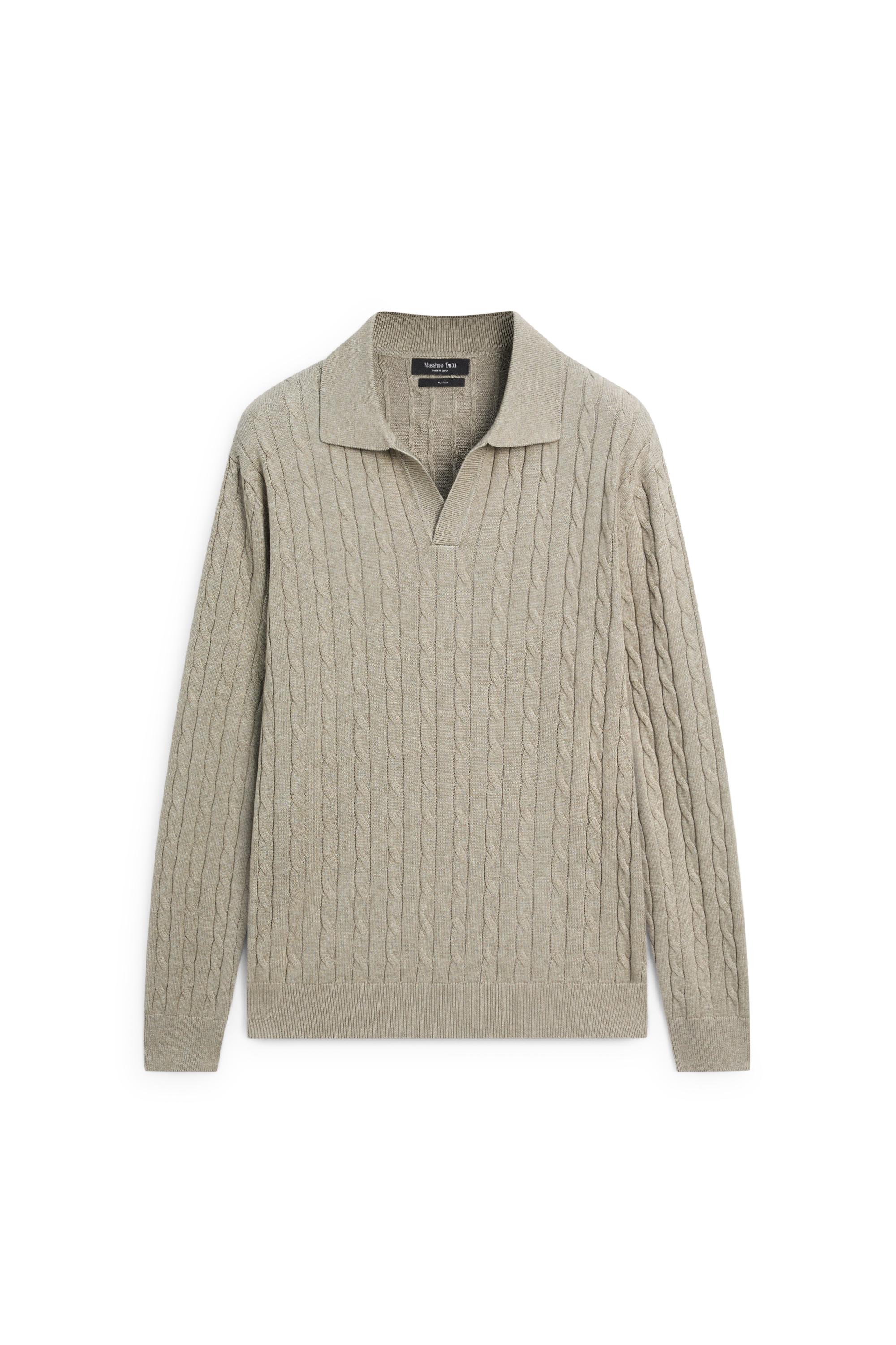 100% Cotton Cable-Knit Polo Sweater — Greyish green