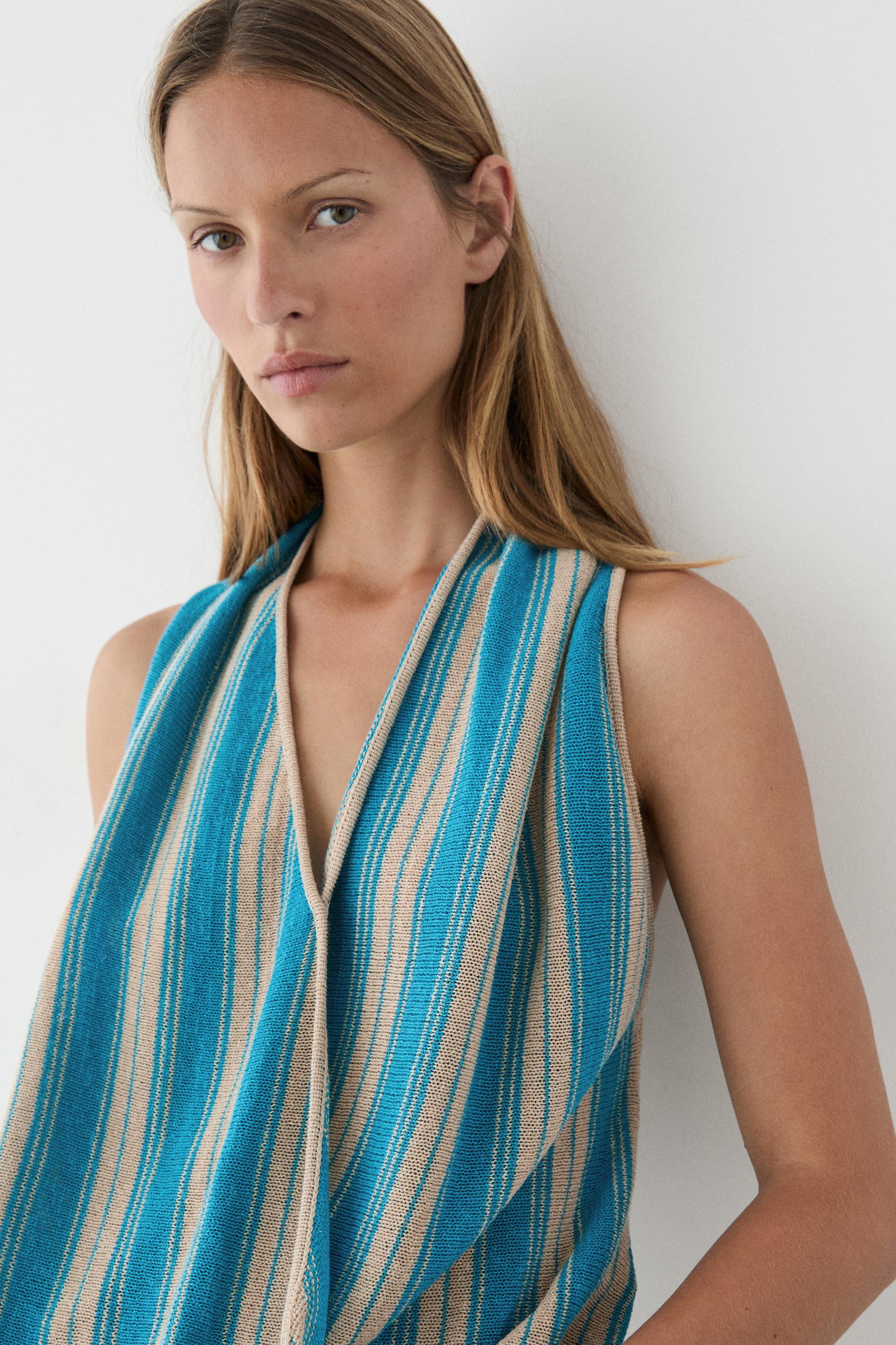 Striped linen blend surplice top — TURQUOISE