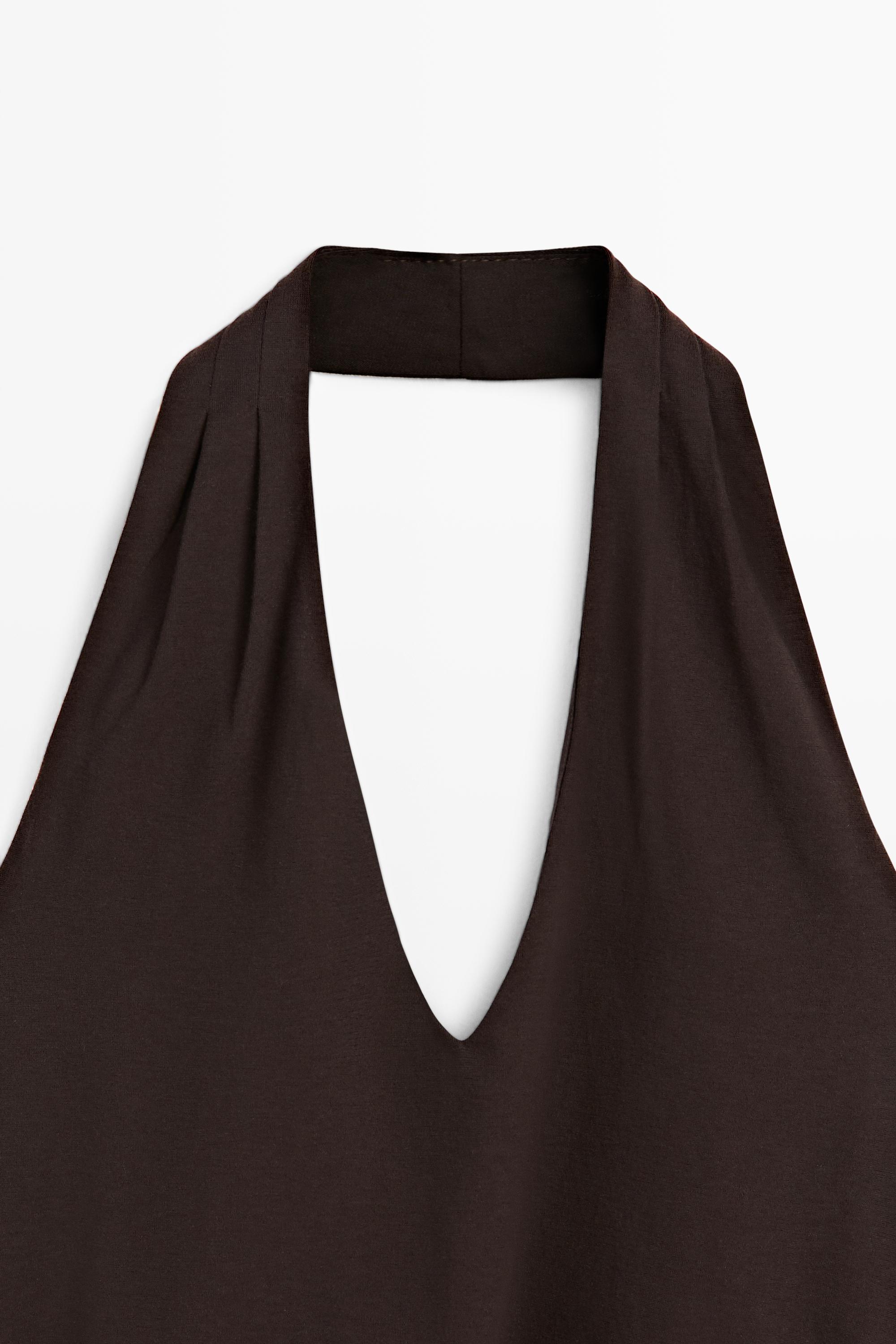 Cotton halter top with elasticated hem — BROWN