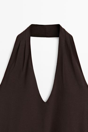 Cotton halter top with elasticated hem — BROWN 9