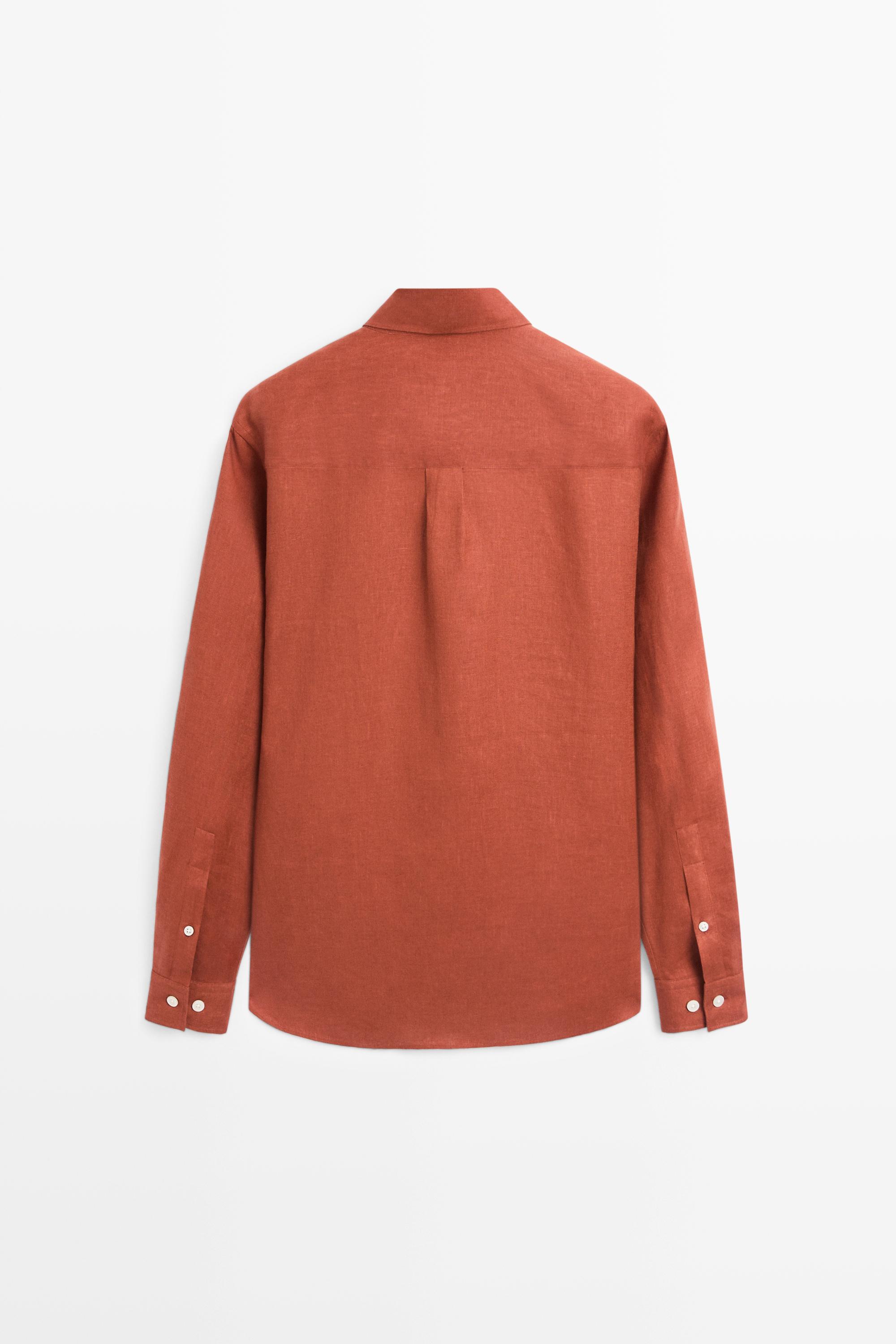 Regular fit 100% linen shirt with pocket detail — BURNT ORANGE