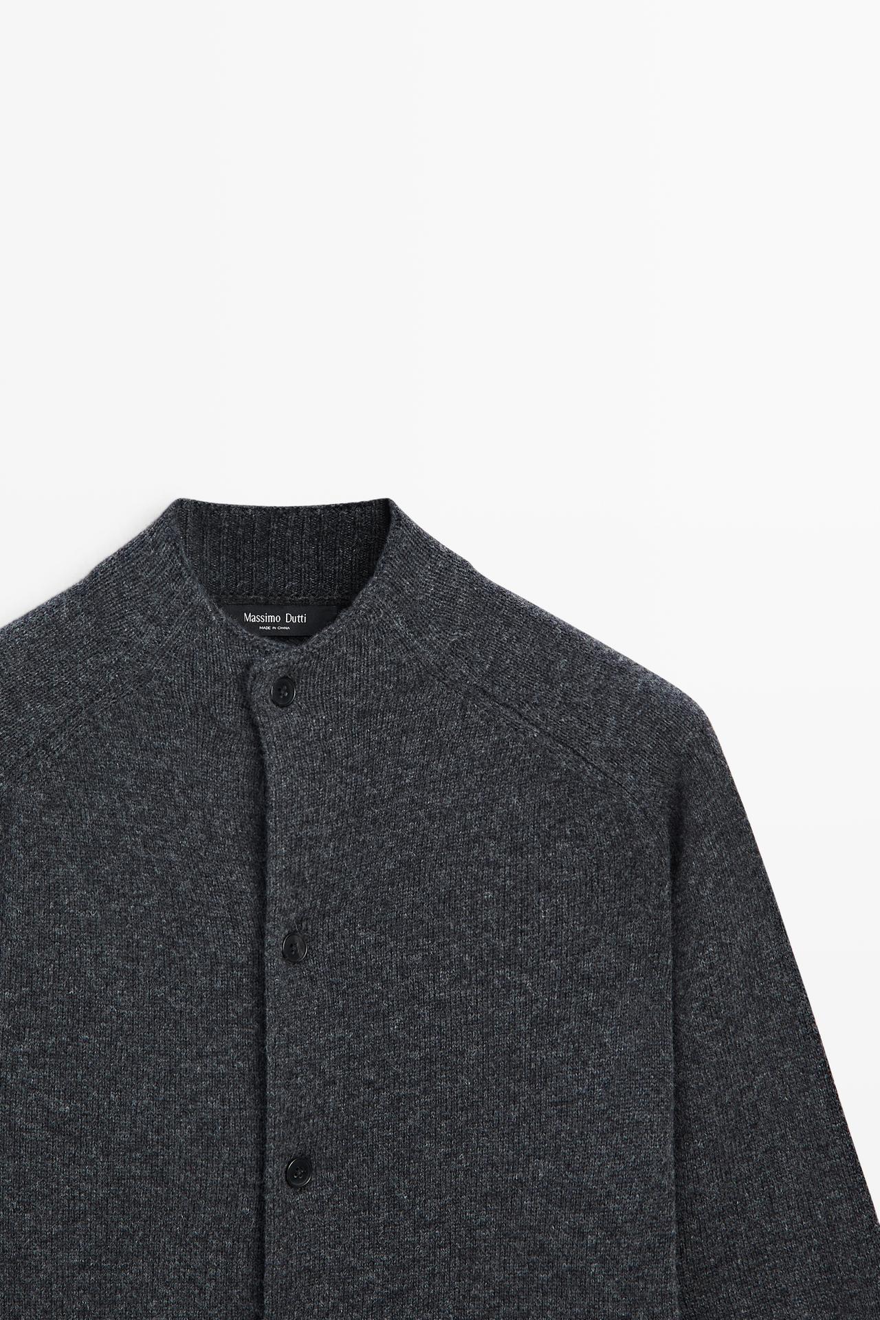 Wool blend mock neck knit cardigan — DARK GREY