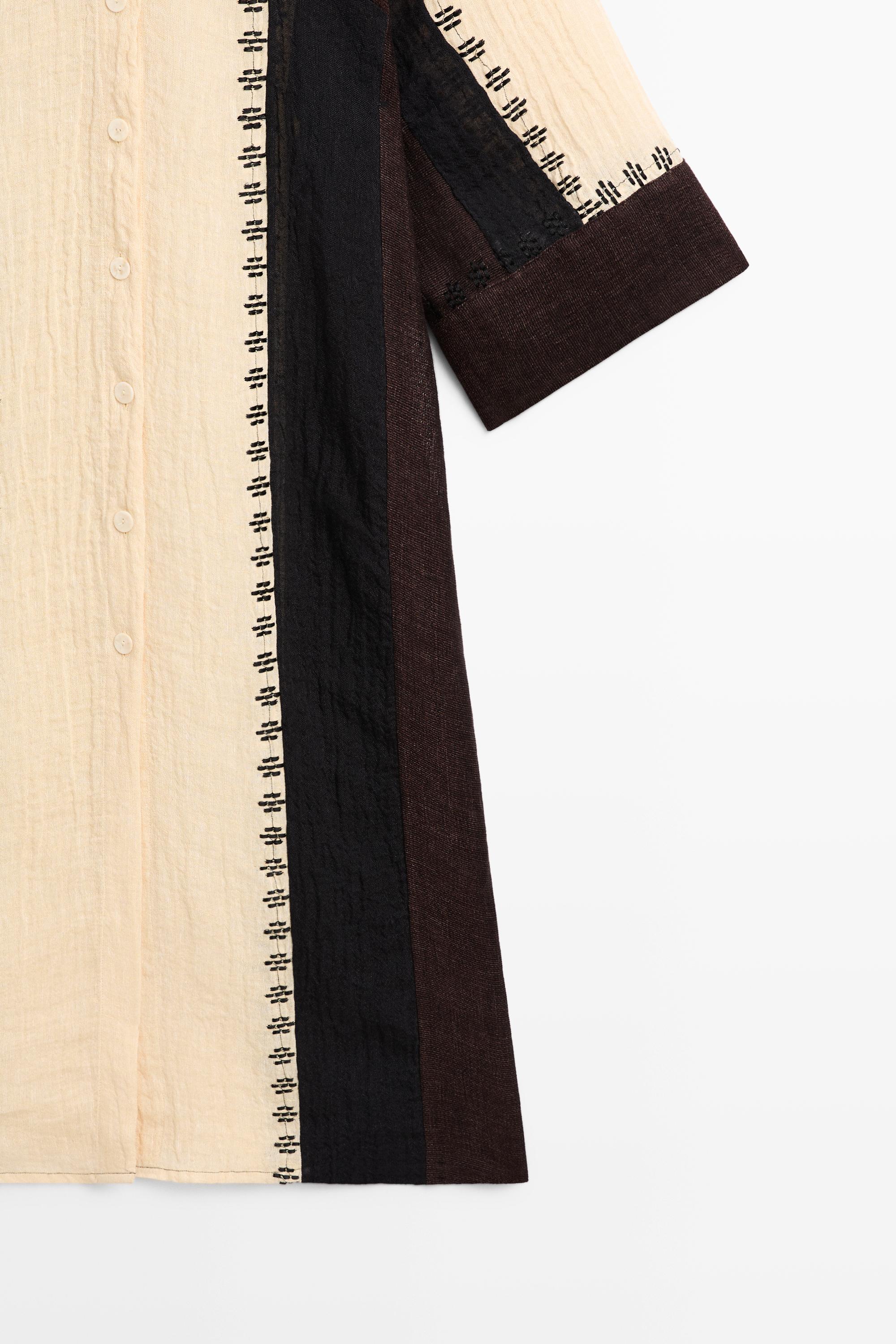 Linen blend embroidered kaftan dress — BROWN