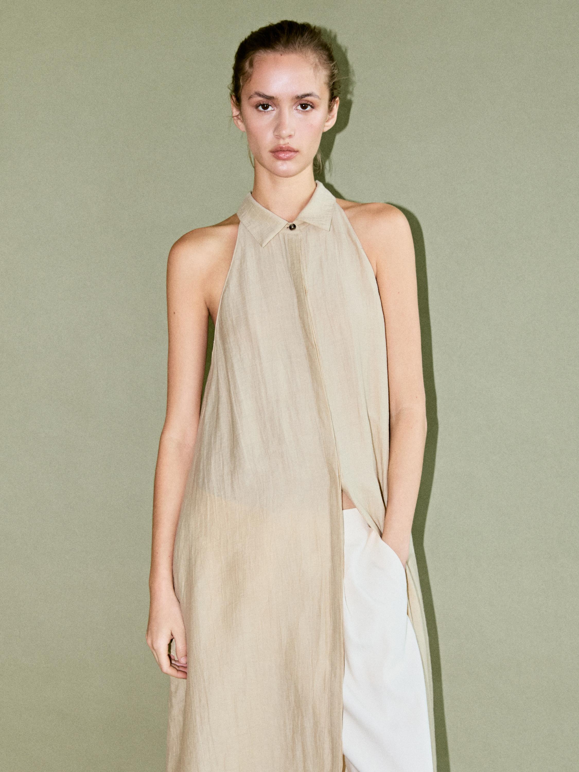 Linen blend polo collar midi dress — CREAM