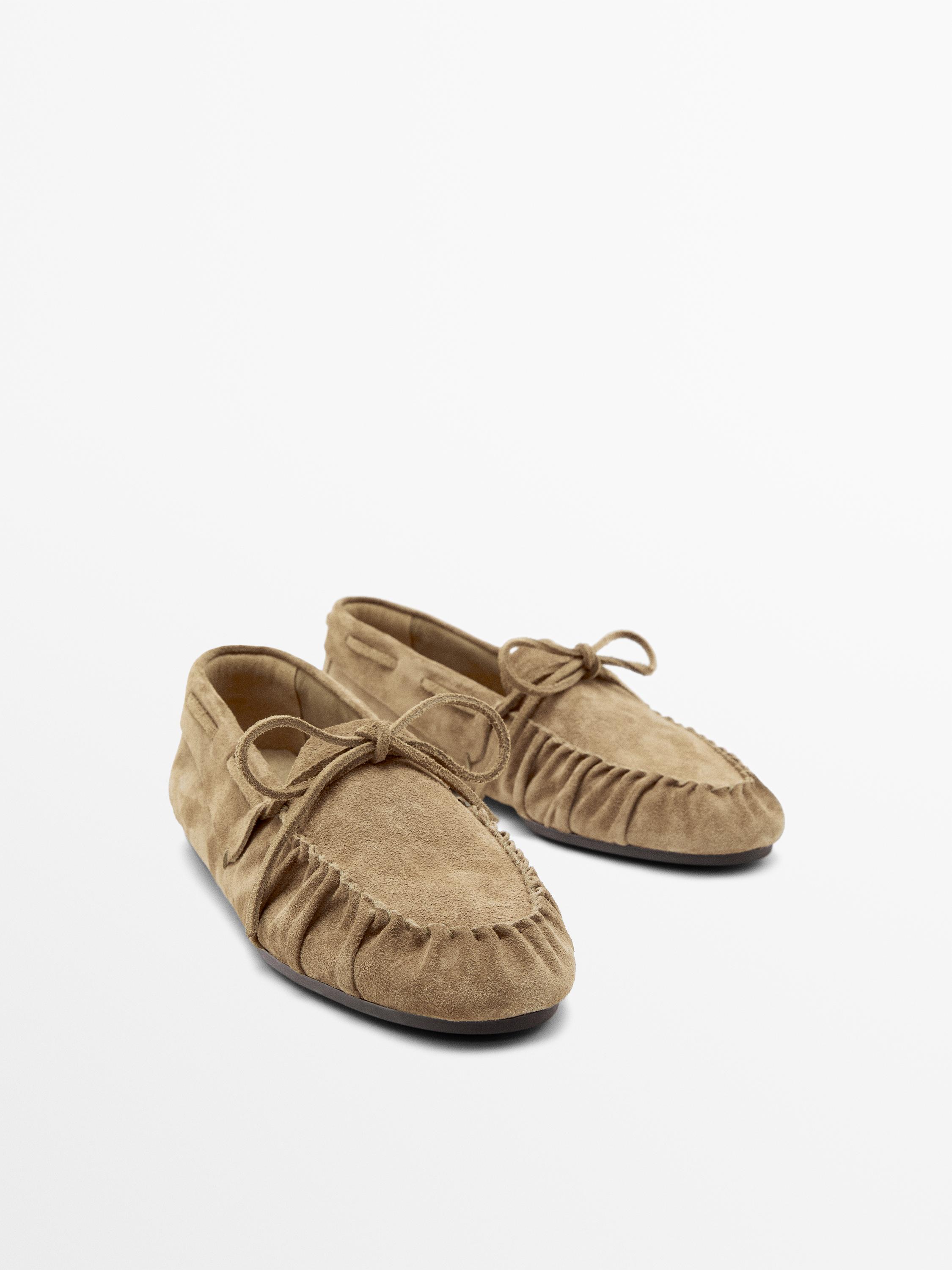 Soft leather loafers with gathered detail — MINK