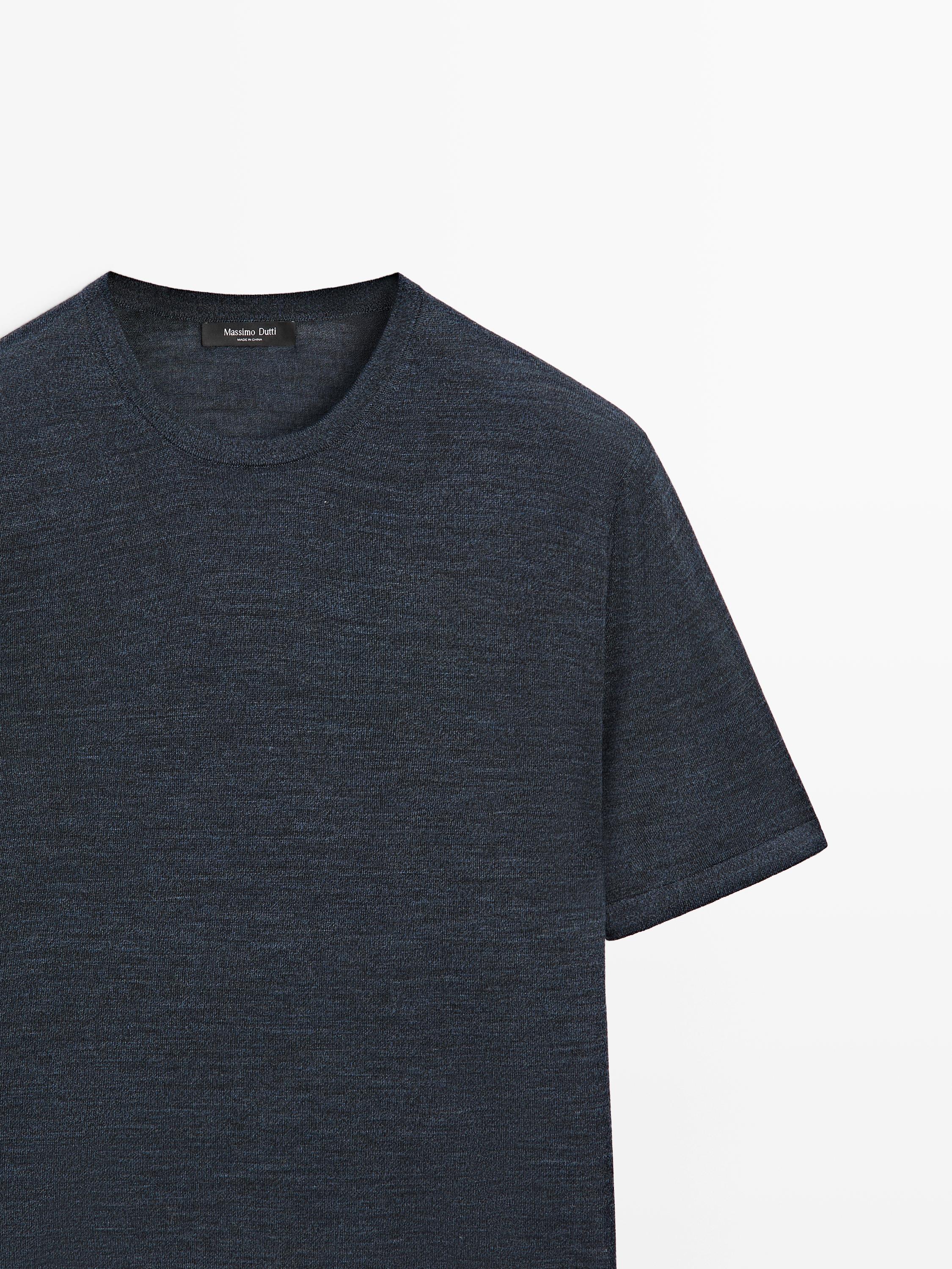 Wool-blend short-sleeve knit sweater — DARK NAVY